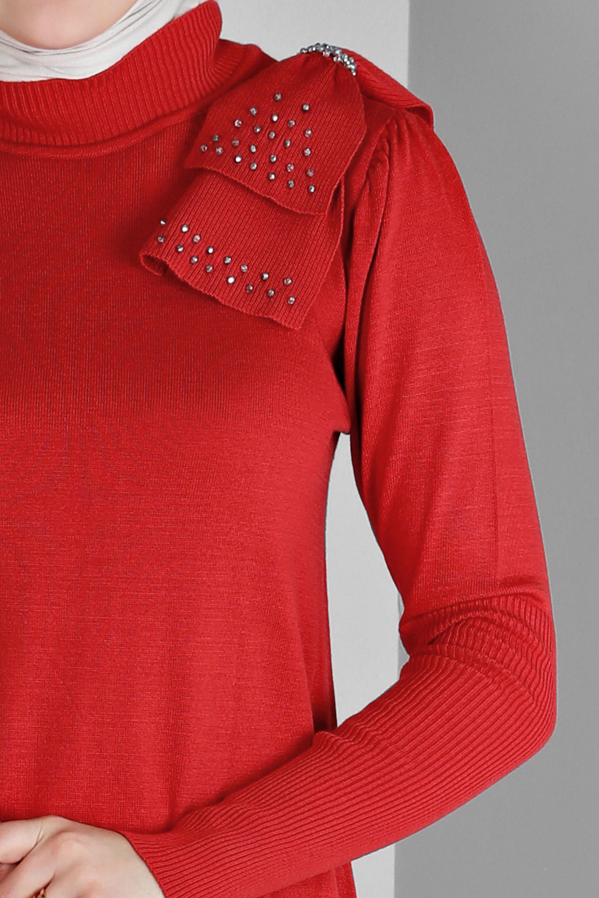 Tesettür giyim MERCAN FİYONK DETAYLI TRİKO ELBİSE 43200 