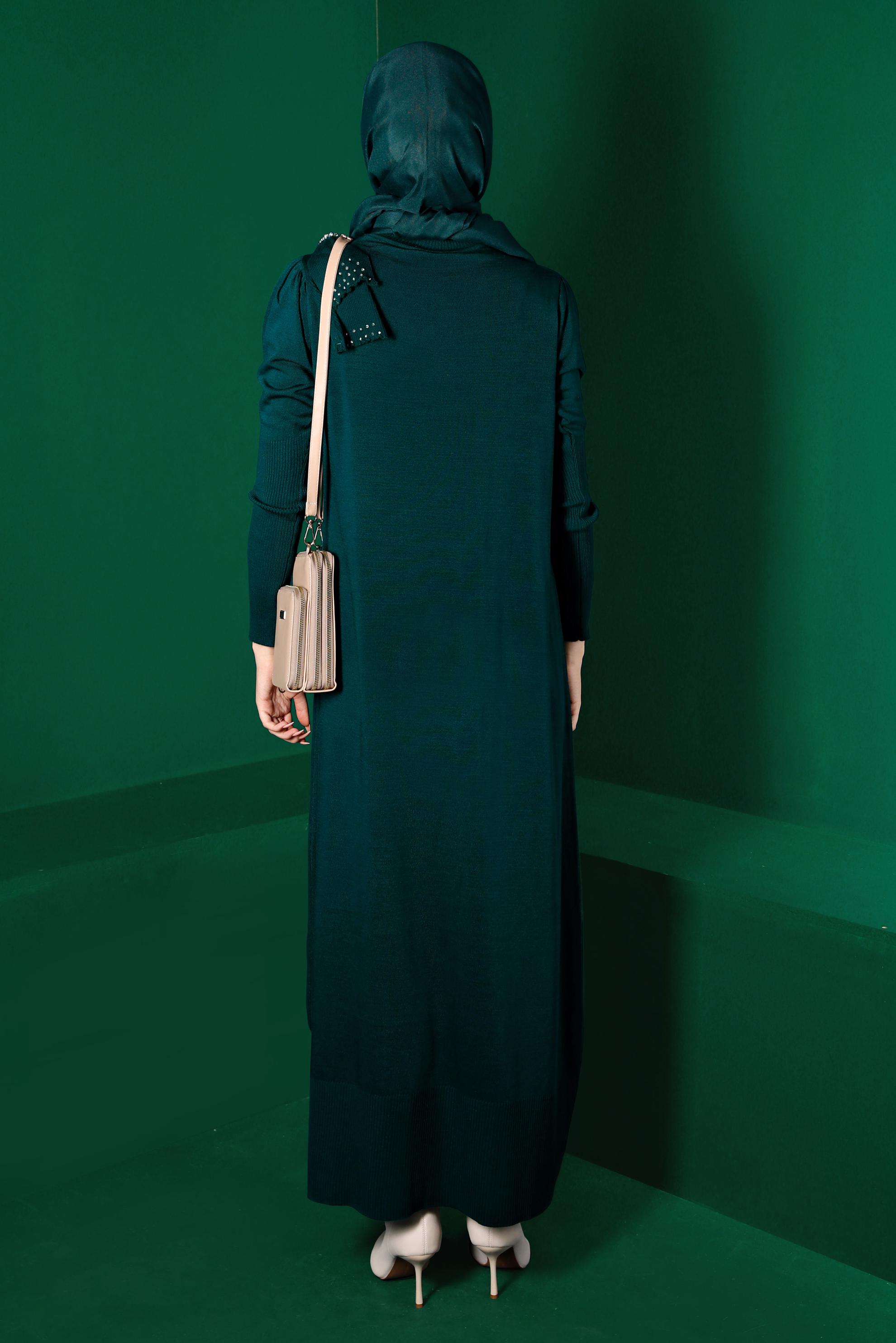 Tesettür giyim YEŞİL FİYONK DETAYLI TRİKO ELBİSE 43200 