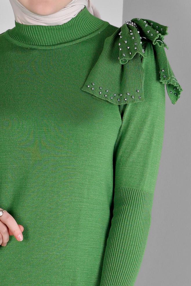 Tesettür giyim YEŞİL FİYONK DETAYLI TRİKO ELBİSE 43200  - ALVİNA