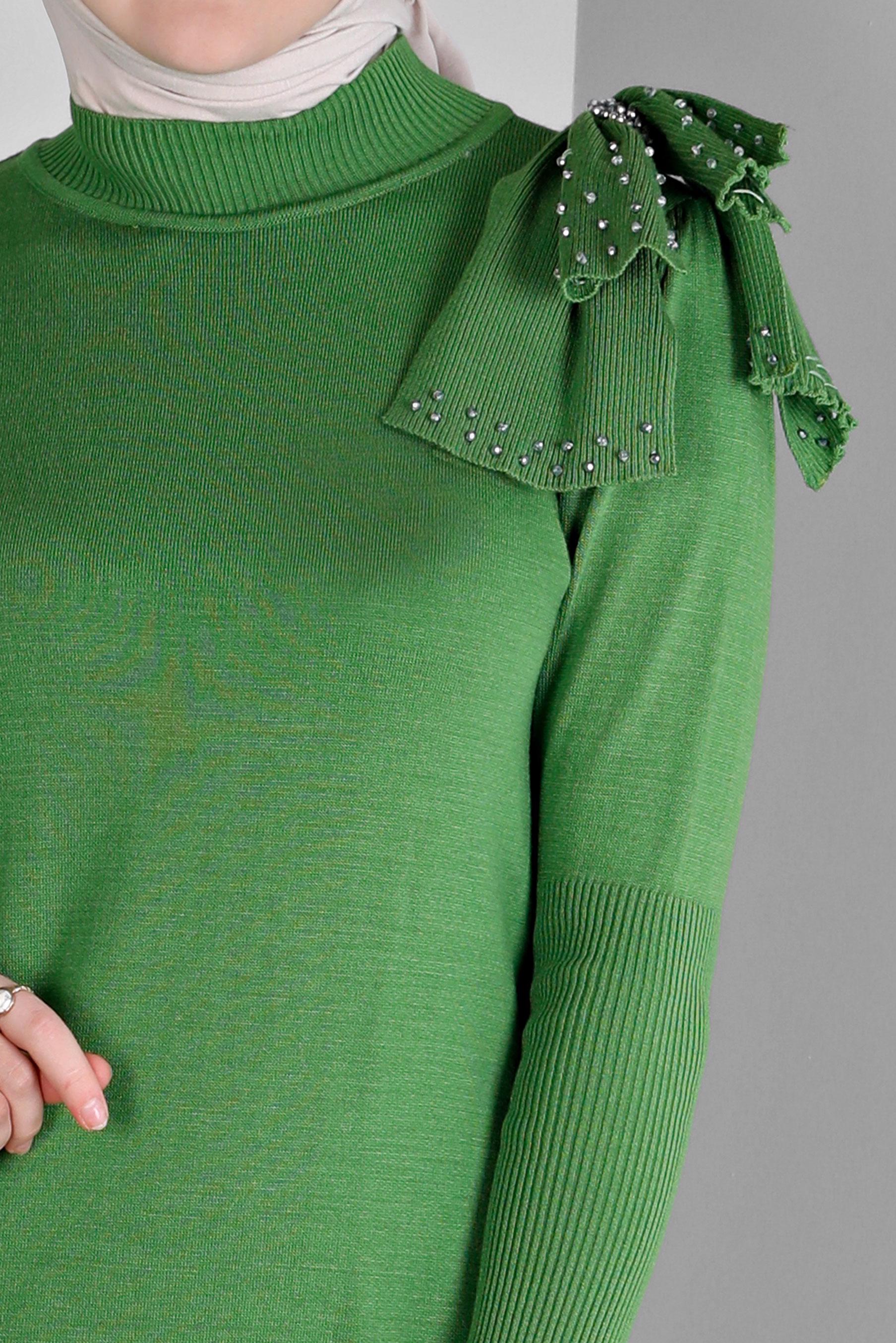 Tesettür giyim YEŞİL FİYONK DETAYLI TRİKO ELBİSE 43200 