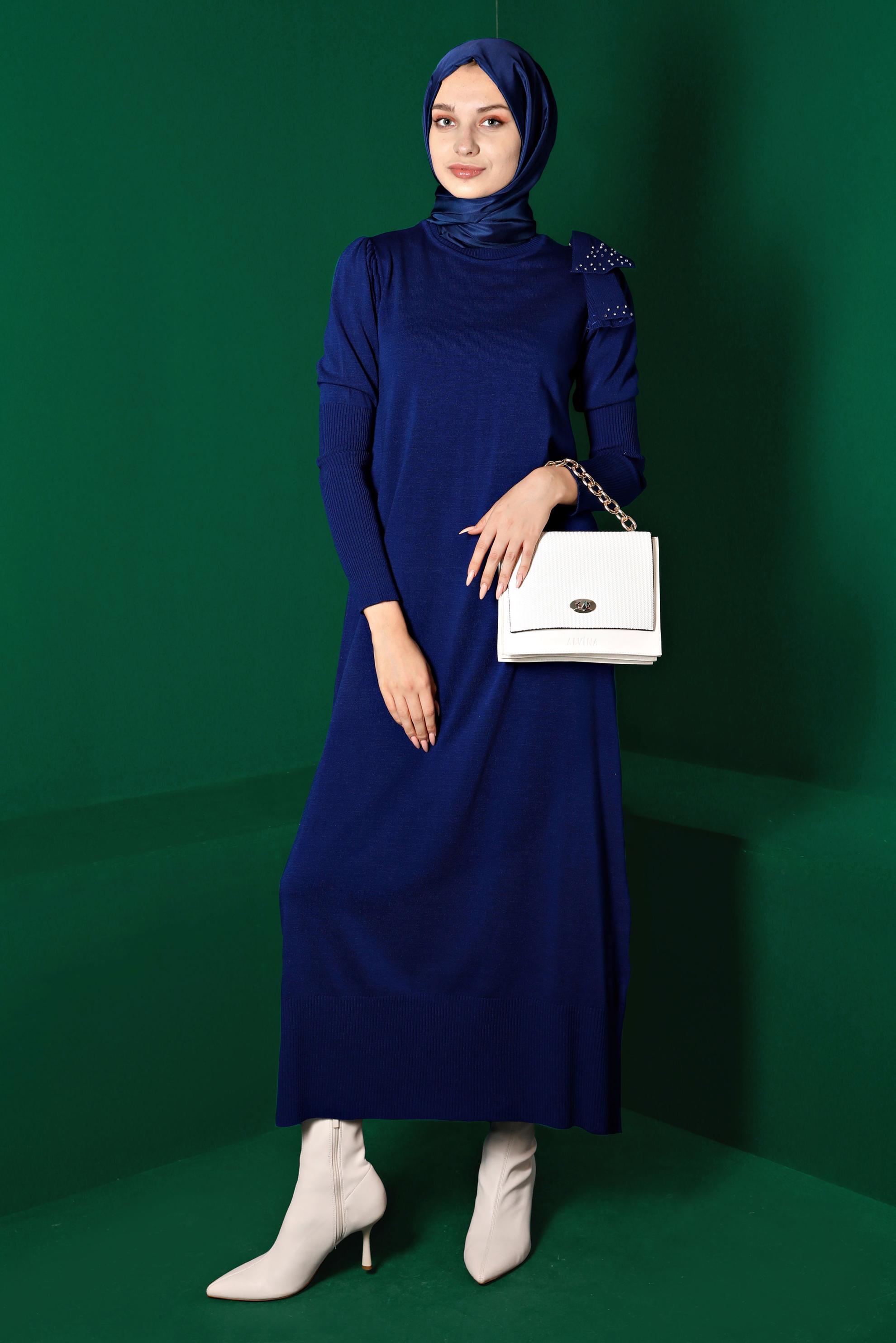 Tesettür giyim MAVİ FİYONK DETAYLI TRİKO ELBİSE 43200 