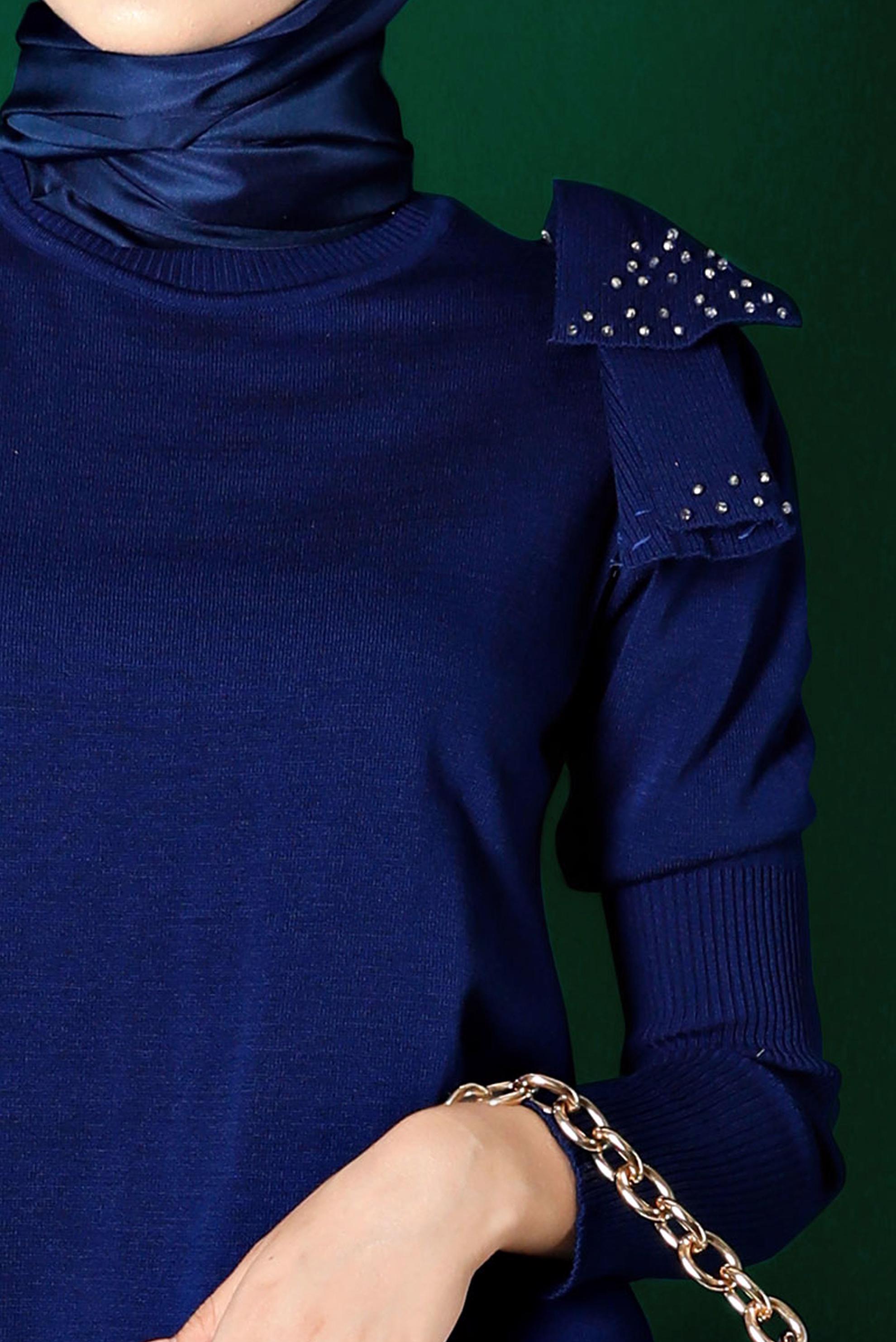 Tesettür giyim MAVİ FİYONK DETAYLI TRİKO ELBİSE 43200 