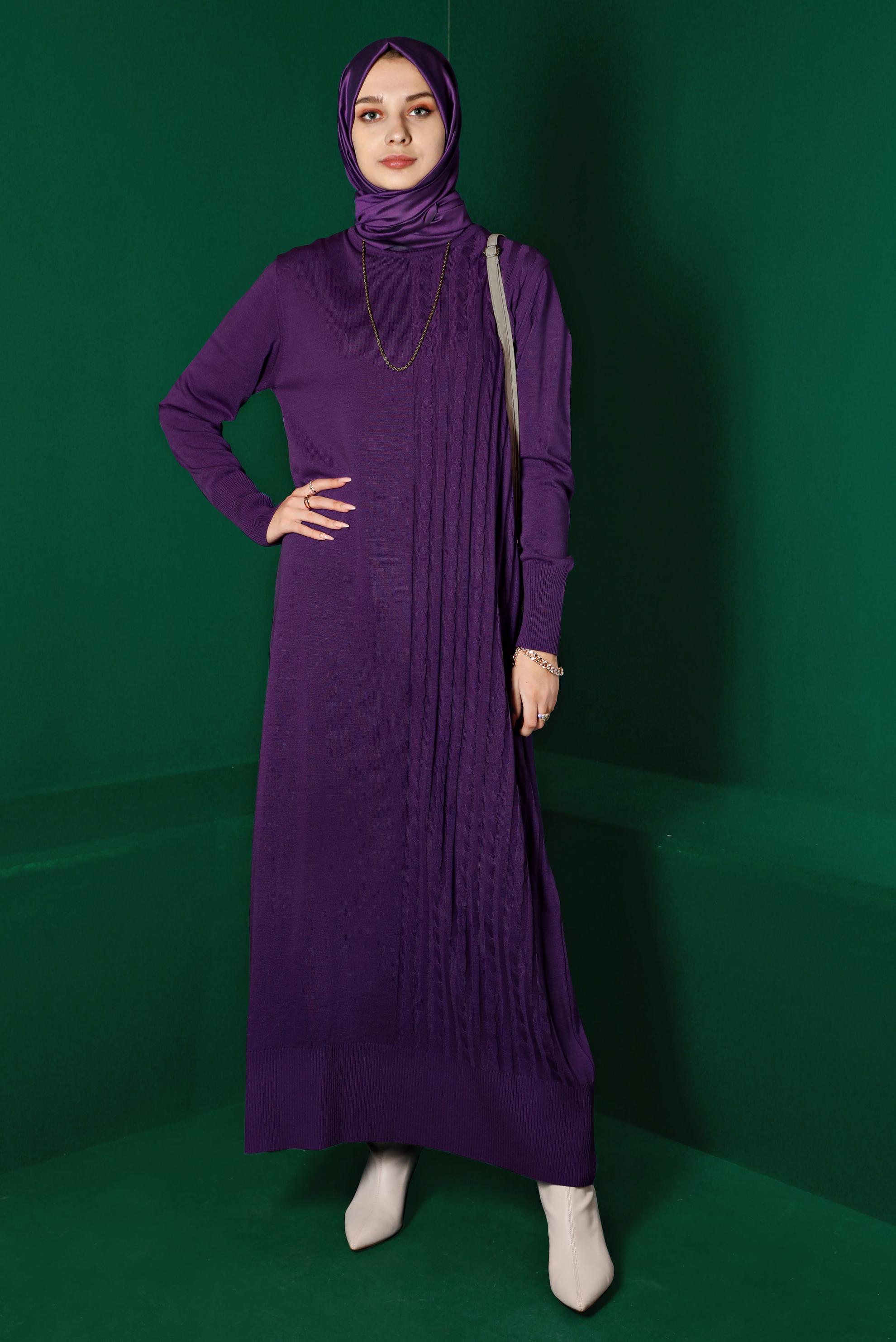 Tesettür giyim MOR ÖRGÜ DETAYLI TRİKO ELBİSE 43201 