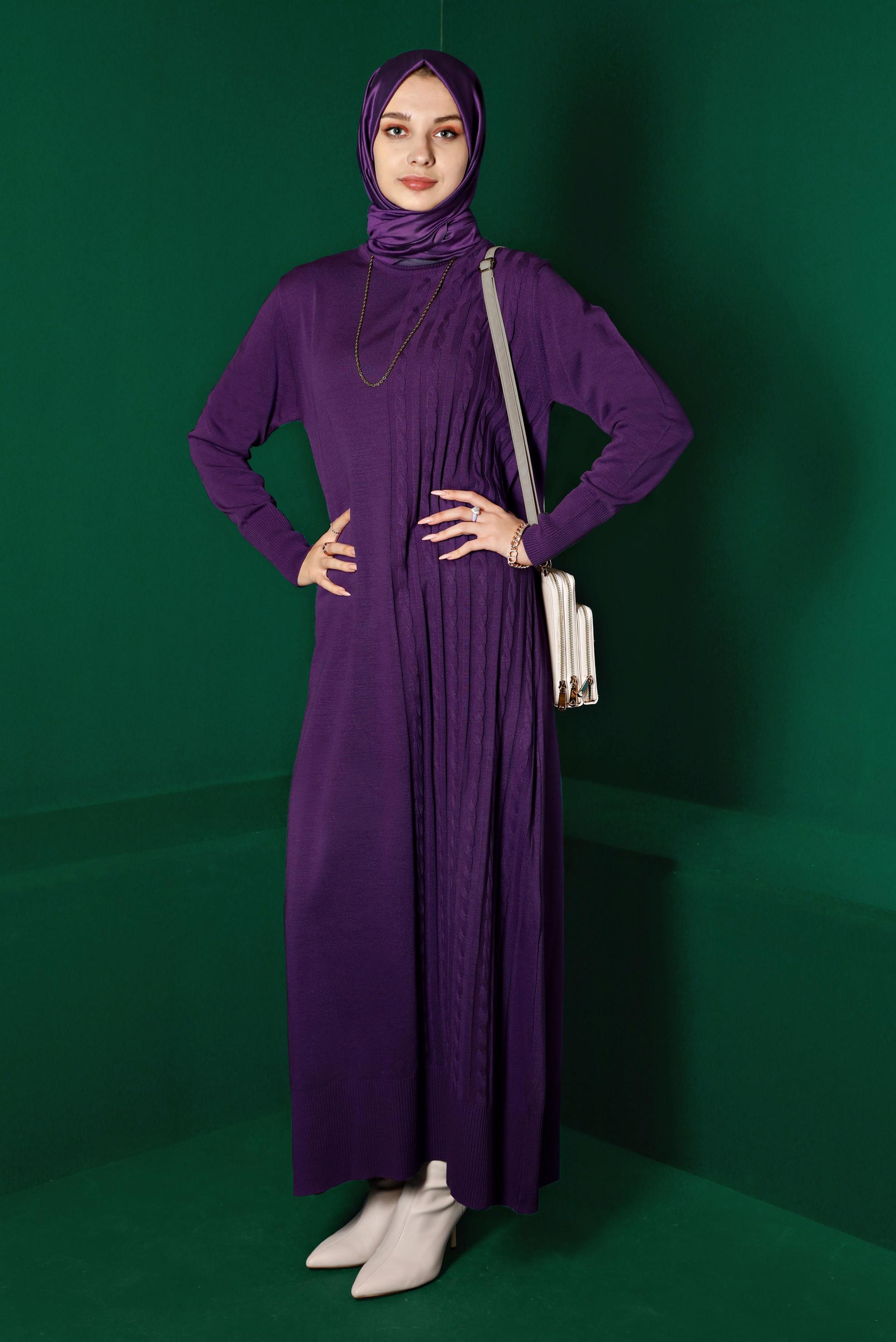 Tesettür giyim MOR ÖRGÜ DETAYLI TRİKO ELBİSE 43201 