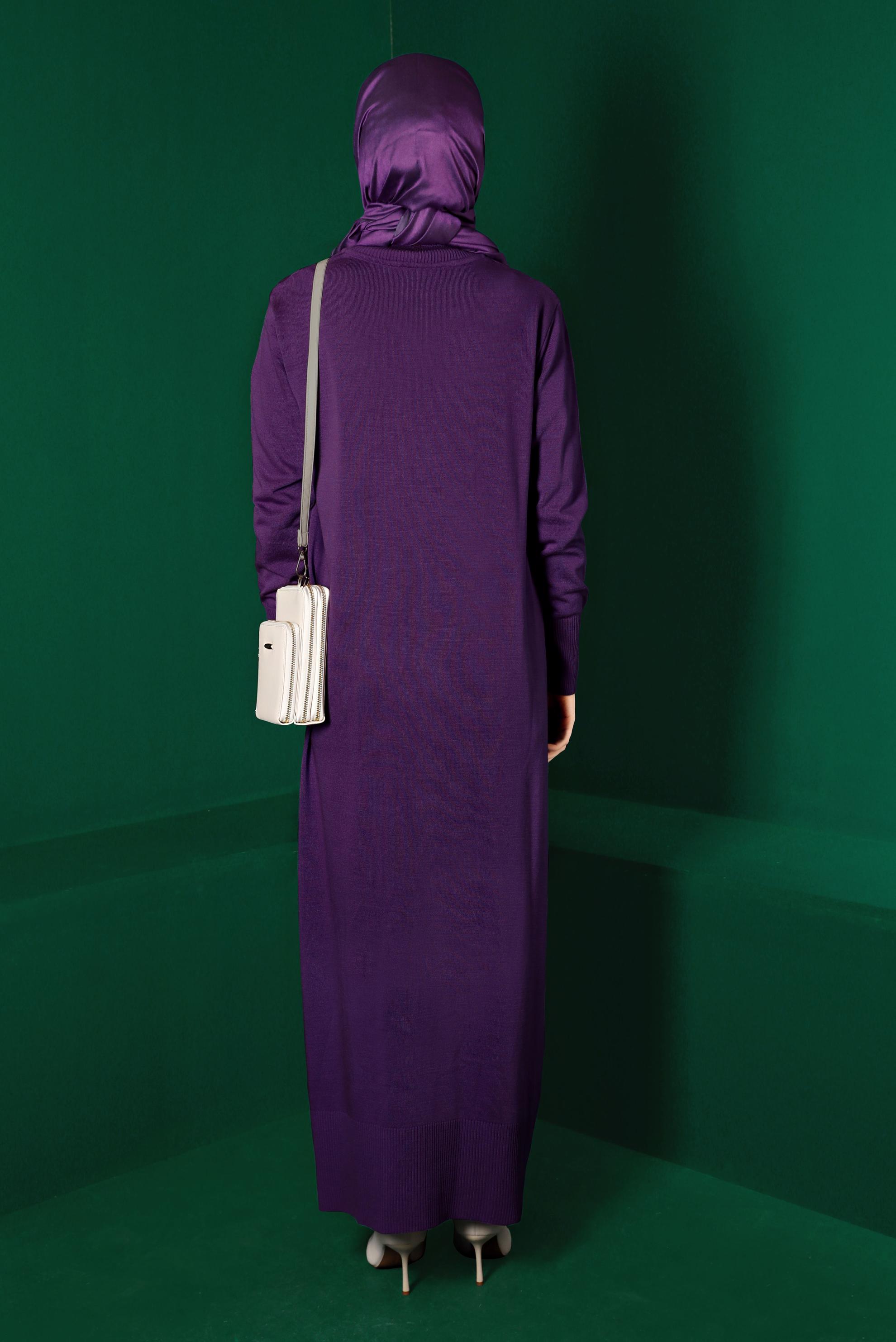 Tesettür giyim MOR ÖRGÜ DETAYLI TRİKO ELBİSE 43201 