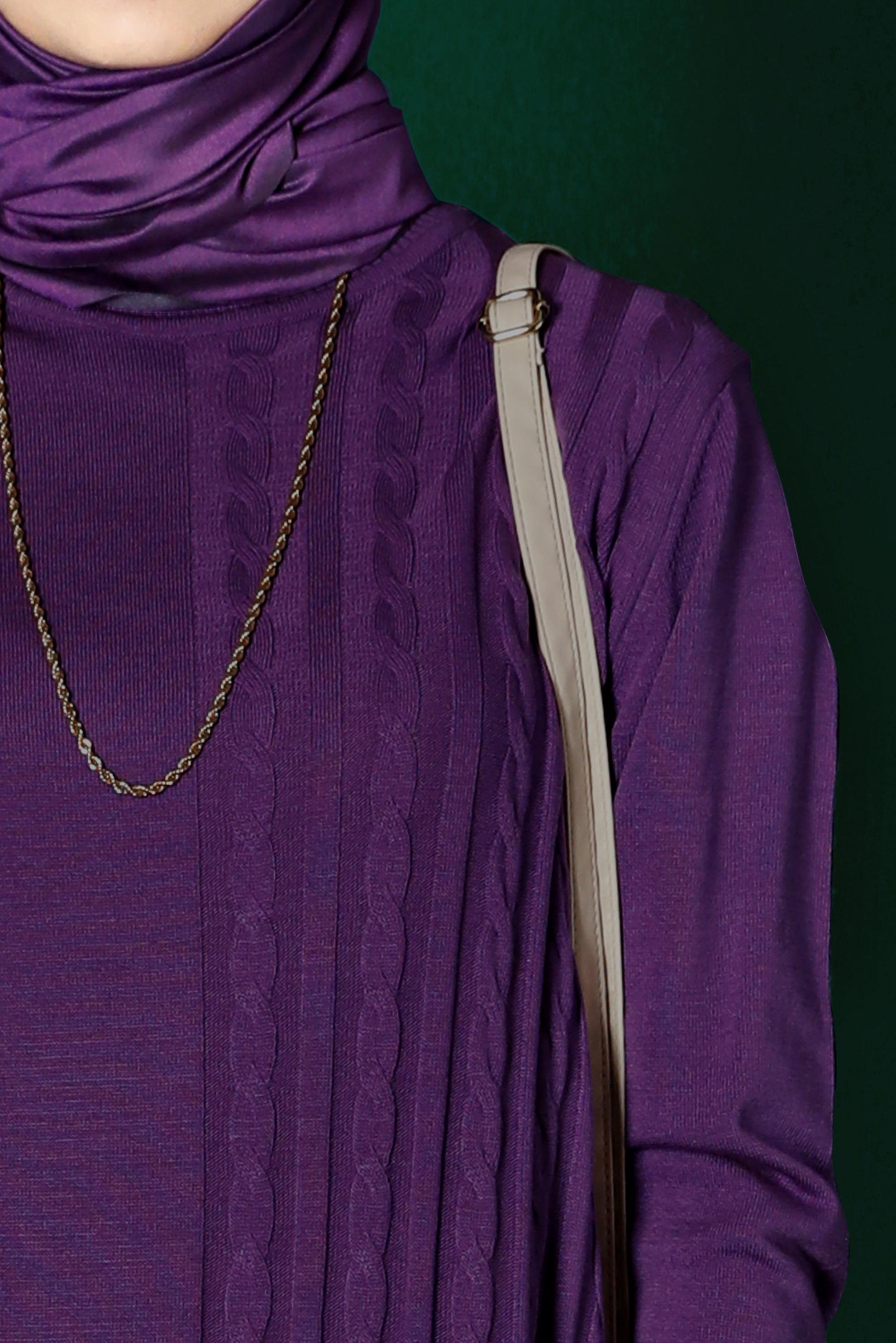 Tesettür giyim MOR ÖRGÜ DETAYLI TRİKO ELBİSE 43201 