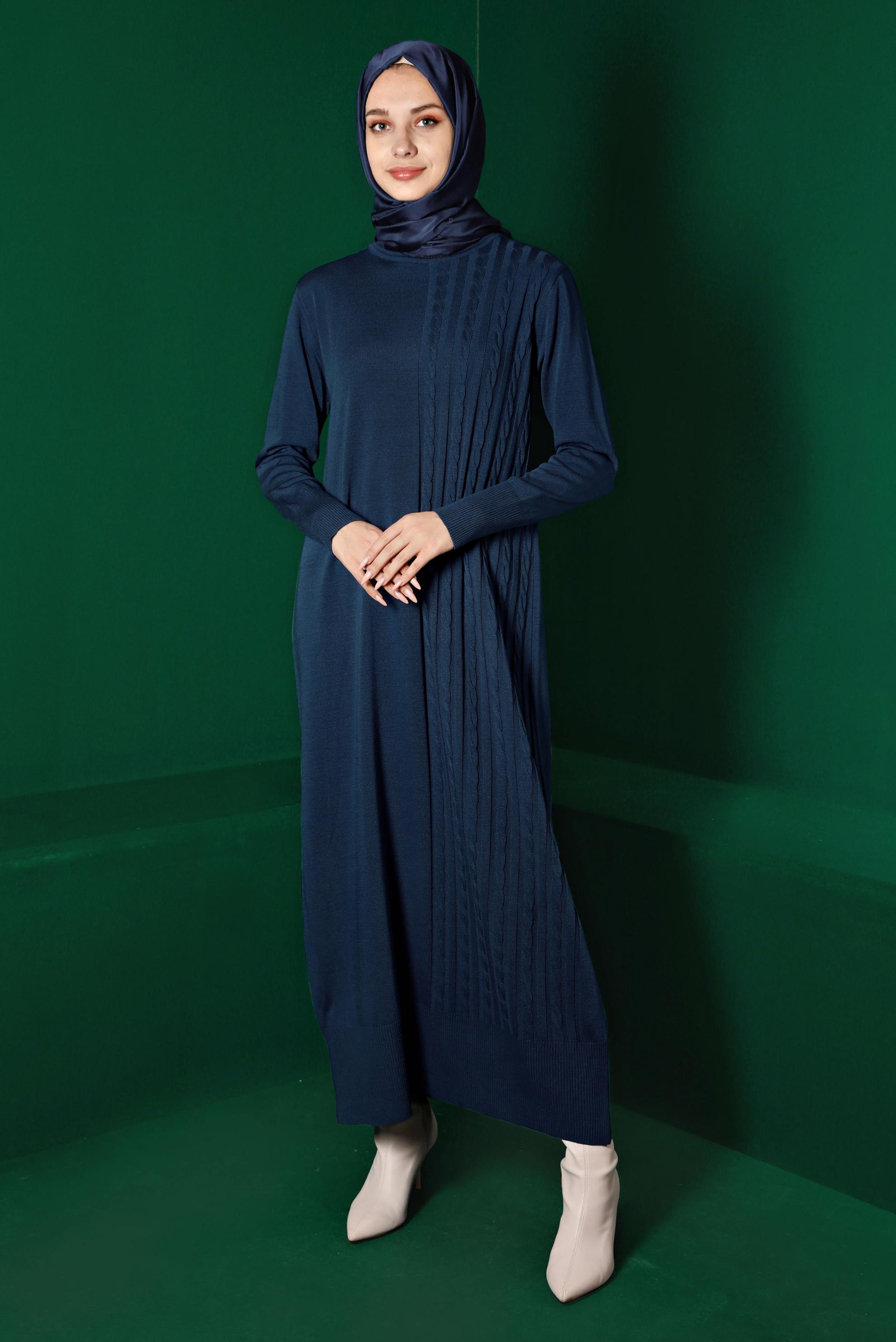 Tesettür giyim LACİVERT ÖRGÜ DETAYLI TRİKO ELBİSE 43201 