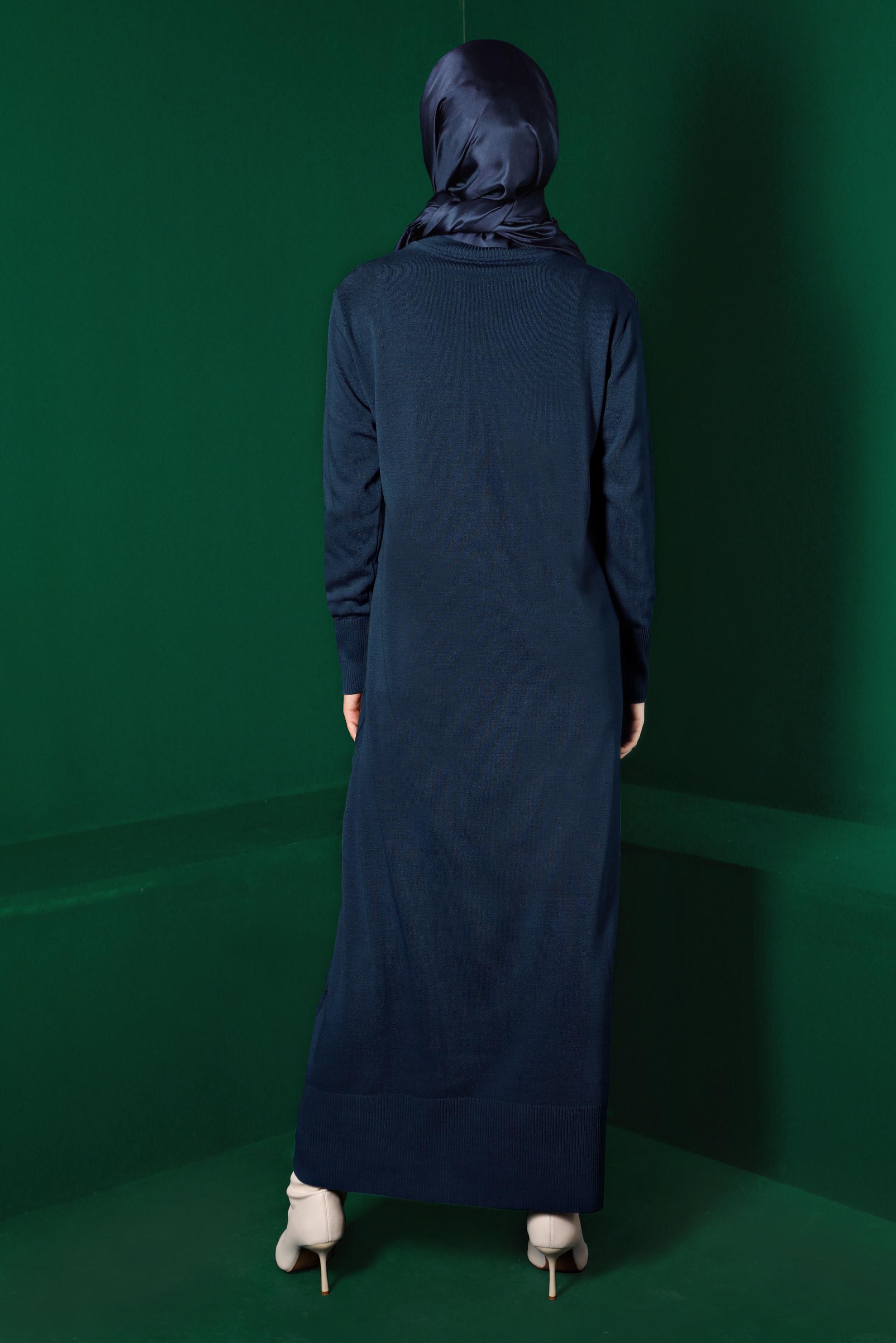 Tesettür giyim LACİVERT ÖRGÜ DETAYLI TRİKO ELBİSE 43201 