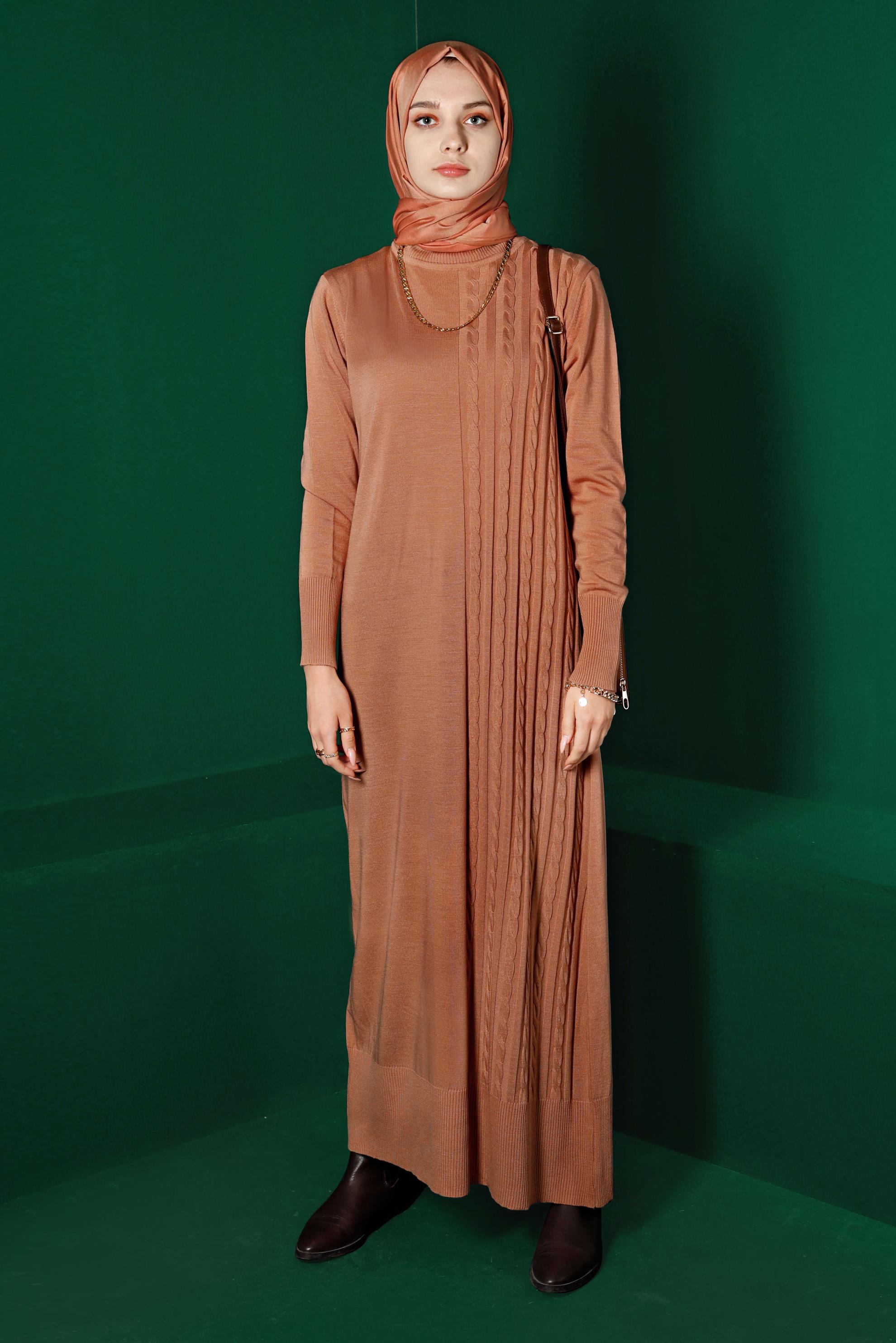 Tesettür giyim PUDRA ÖRGÜ DETAYLI TRİKO ELBİSE 43201 