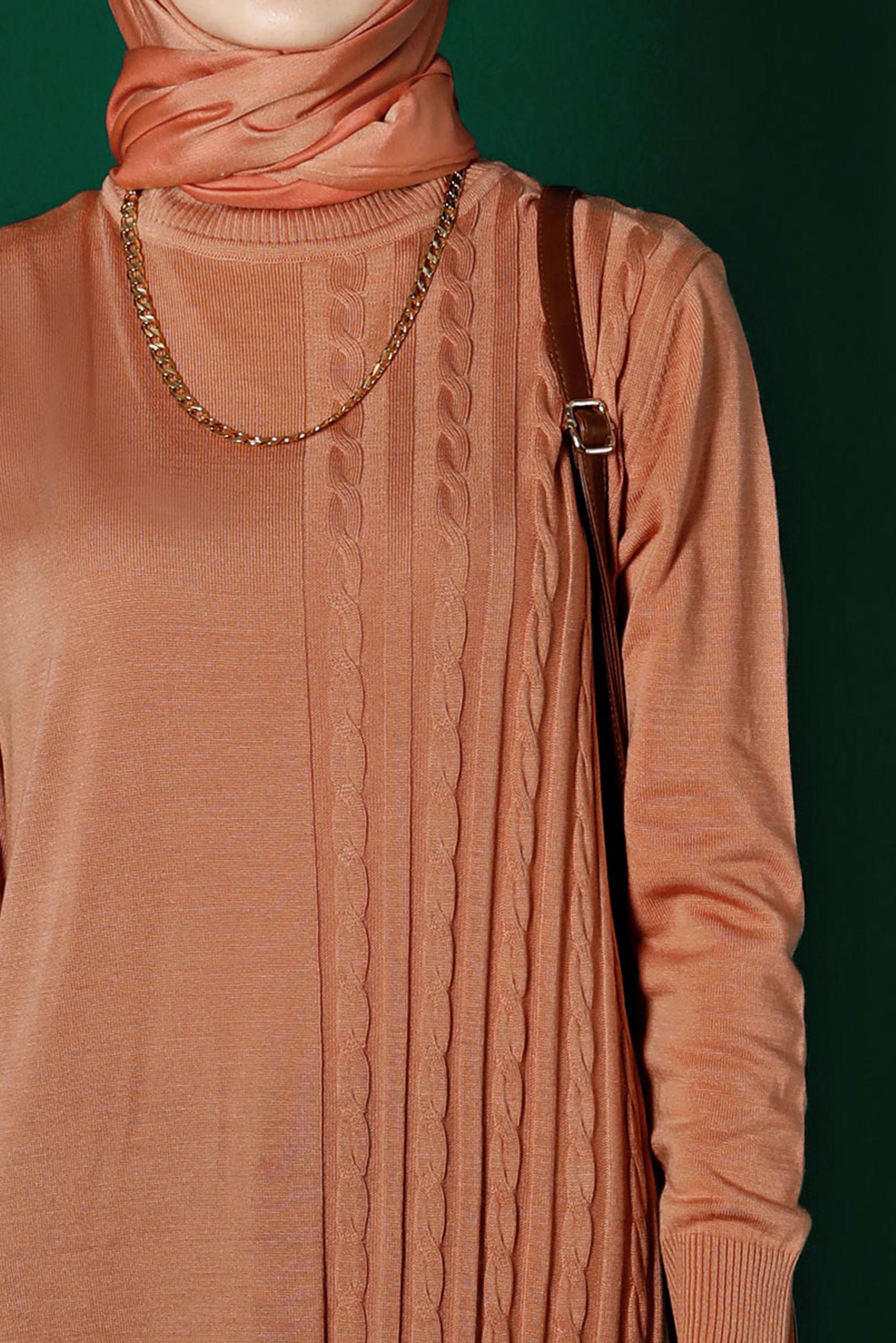 Tesettür giyim PUDRA ÖRGÜ DETAYLI TRİKO ELBİSE 43201 