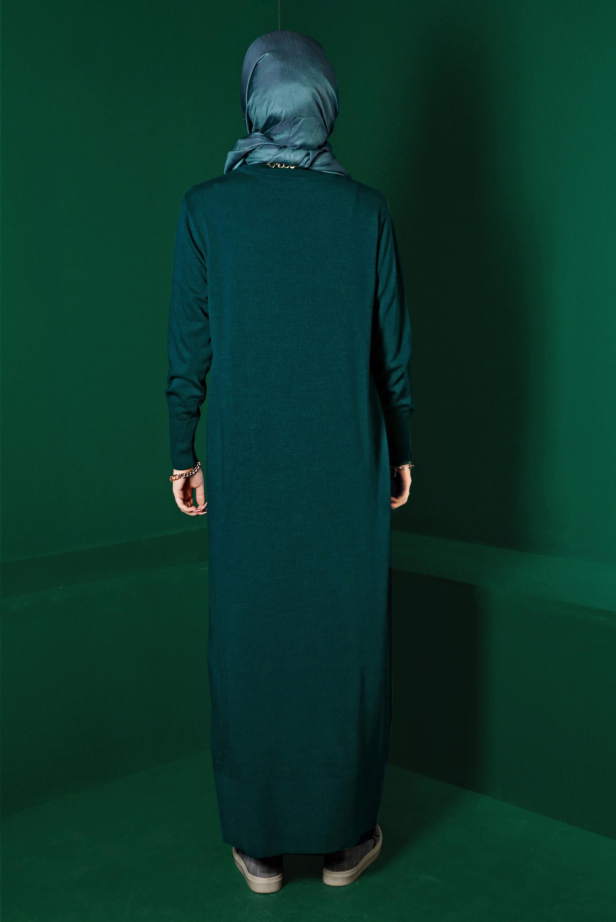 Tesettür giyim YEŞİL ÖRGÜ DETAYLI TRİKO ELBİSE 43201 