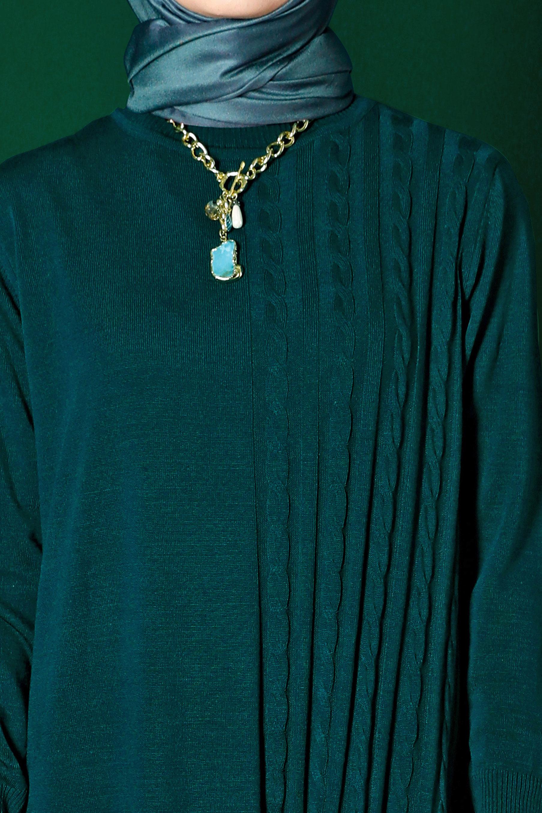 Tesettür giyim YEŞİL ÖRGÜ DETAYLI TRİKO ELBİSE 43201 