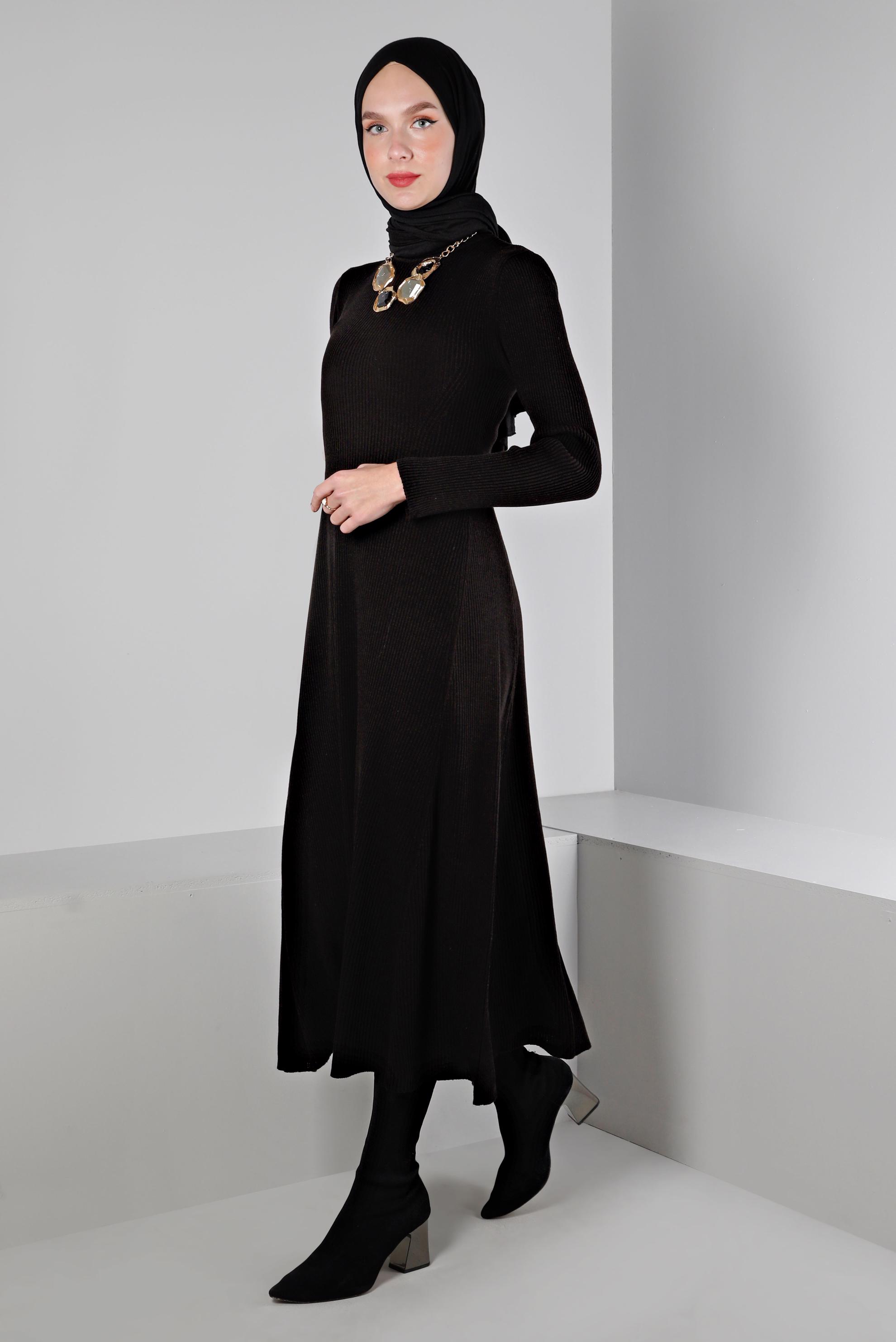 Tesettür giyim SİYAH FİTİLLİ BASIC TRİKO ELBİSE 43202