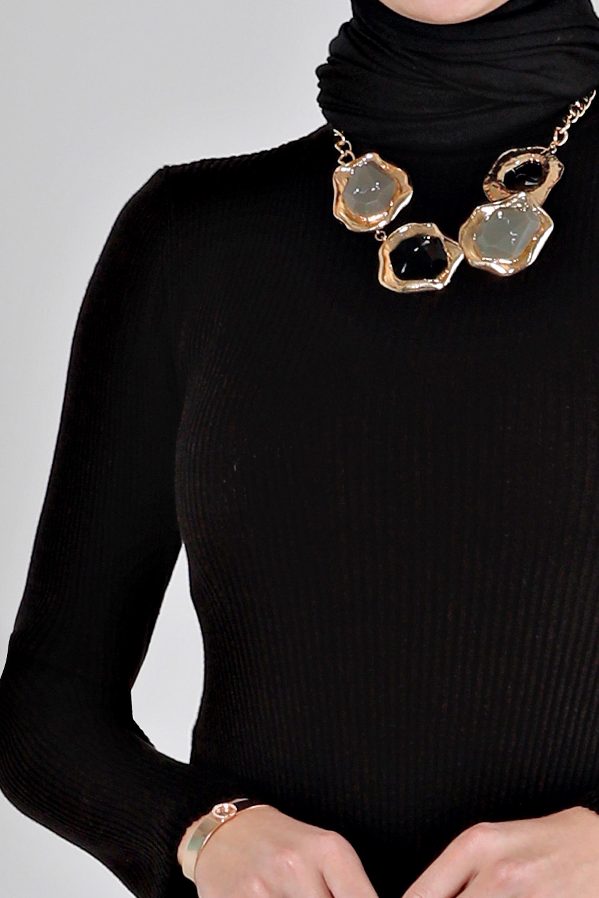 Tesettür giyim SİYAH FİTİLLİ BASIC TRİKO ELBİSE 43202