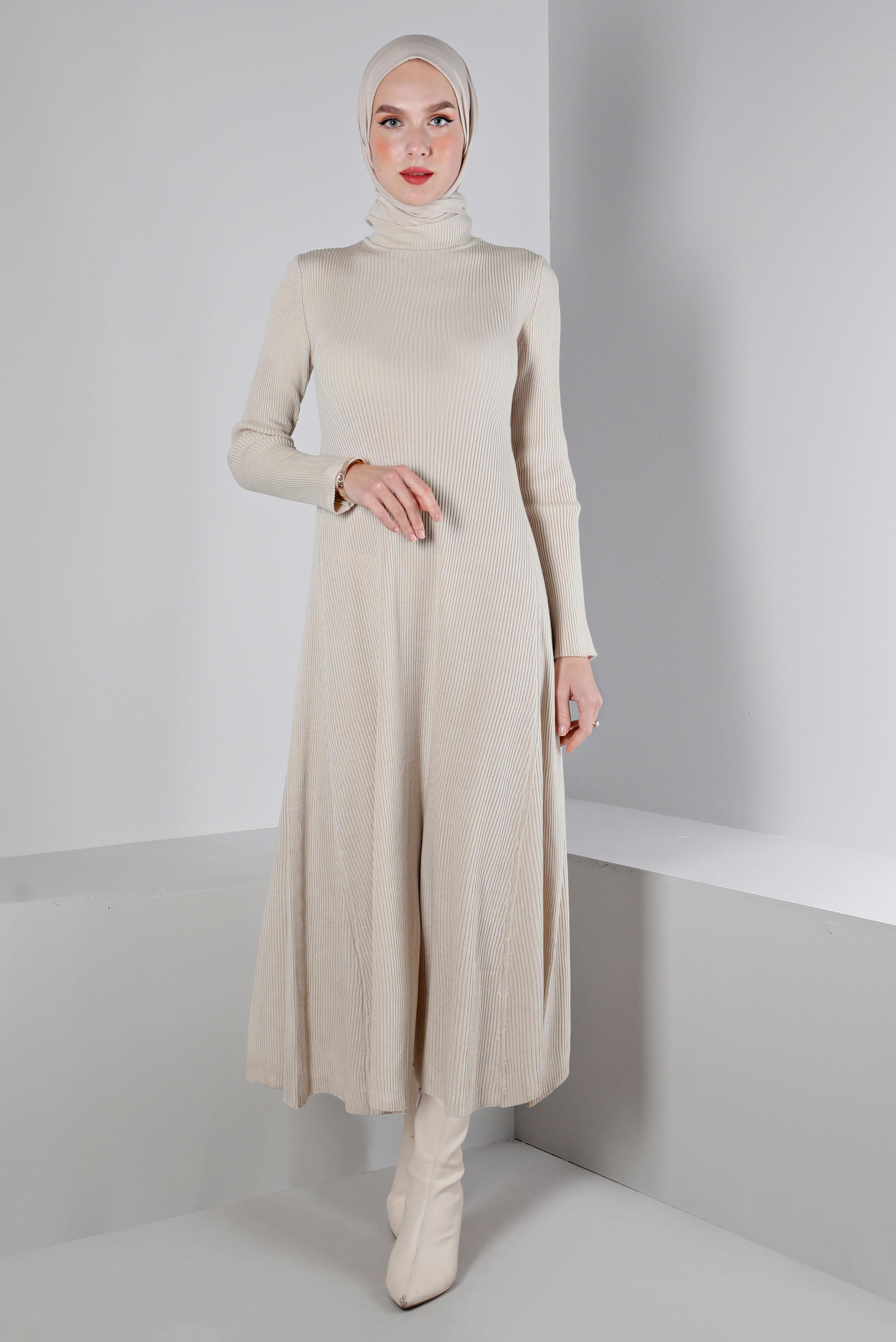 Tesettür giyim BEJ FİTİLLİ BASIC TRİKO ELBİSE 43202