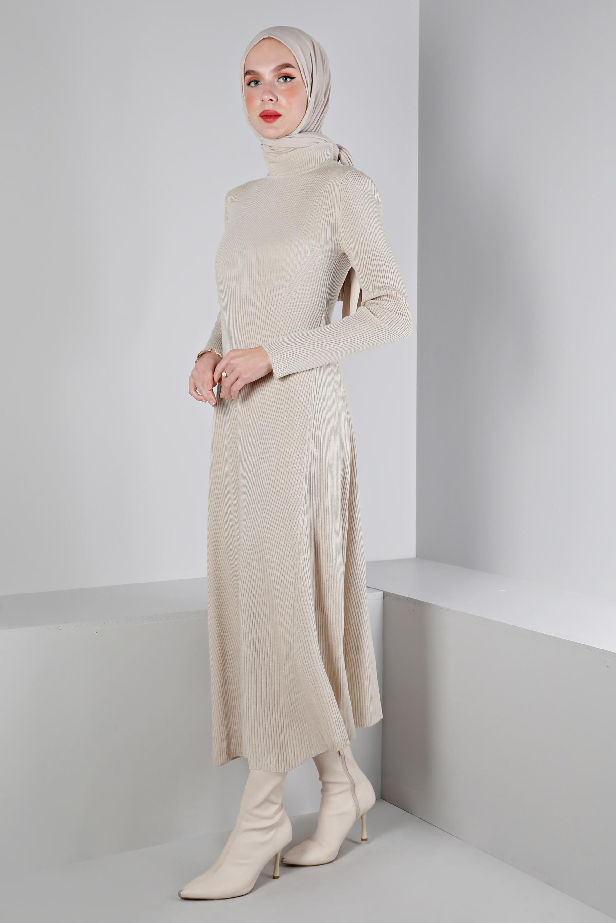 Tesettür giyim BEJ FİTİLLİ BASIC TRİKO ELBİSE 43202