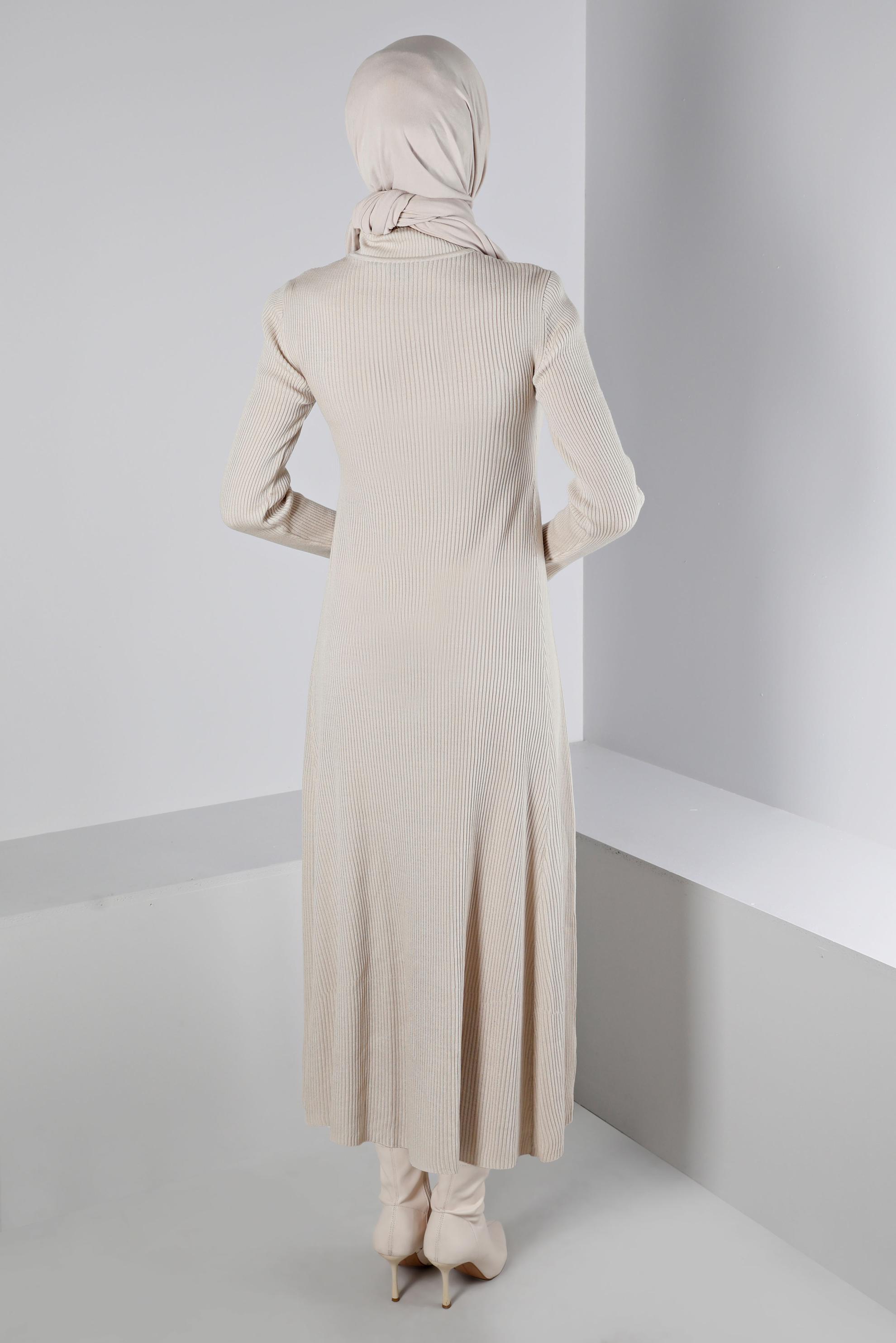 Tesettür giyim BEJ FİTİLLİ BASIC TRİKO ELBİSE 43202