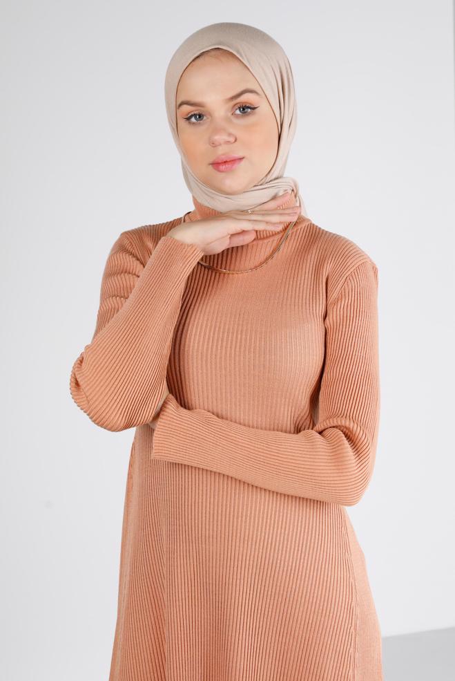 Tesettür giyim PUDRA FİTİLLİ BASIC TRİKO ELBİSE 43202 - ALVİNA