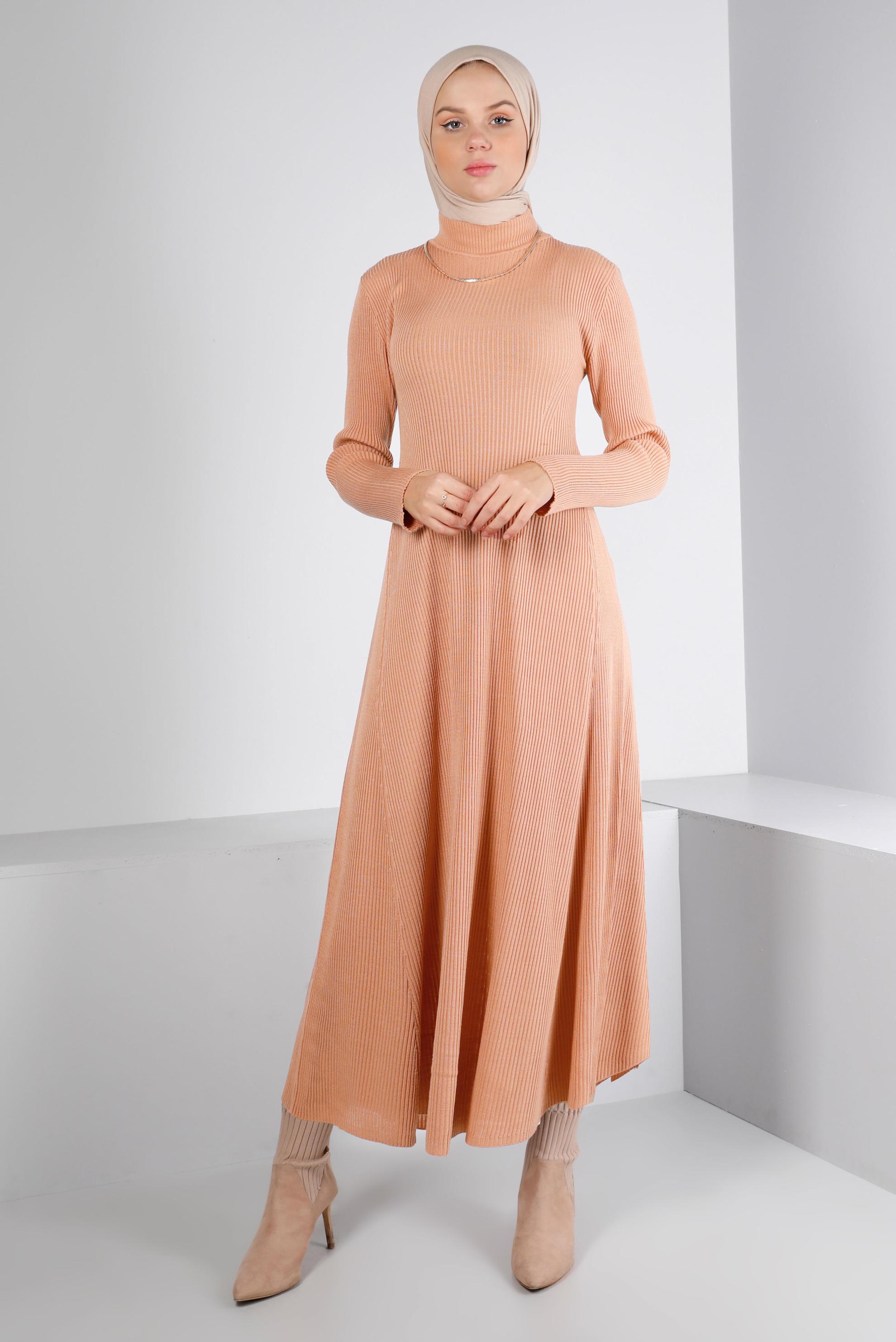 Tesettür giyim PUDRA FİTİLLİ BASIC TRİKO ELBİSE 43202