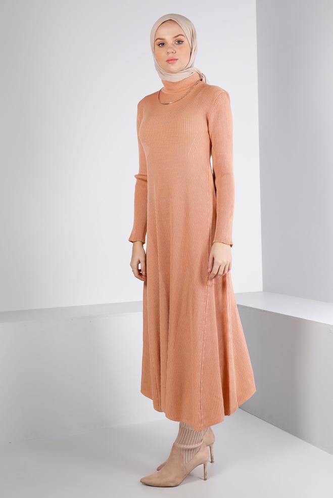 Tesettür giyim PUDRA FİTİLLİ BASIC TRİKO ELBİSE 43202 - ALVİNA