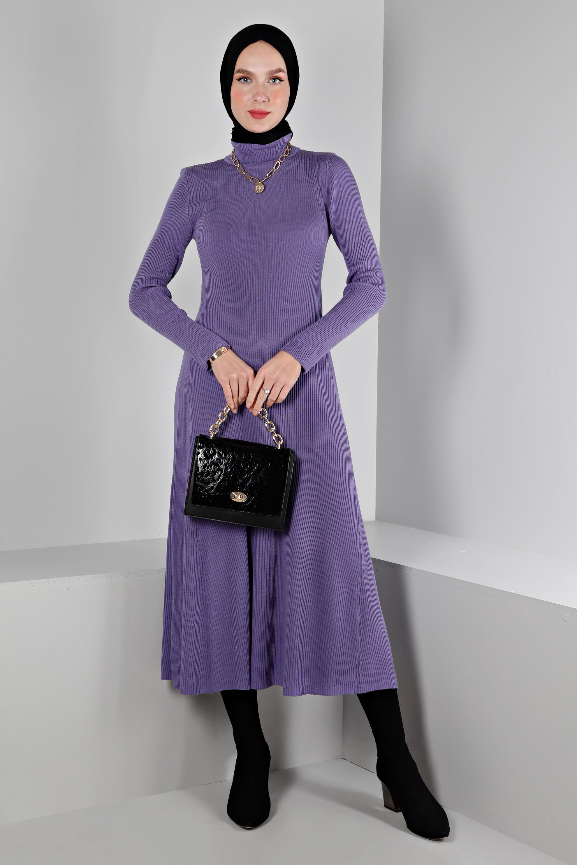 Tesettür giyim MOR FİTİLLİ BASIC TRİKO ELBİSE 43202