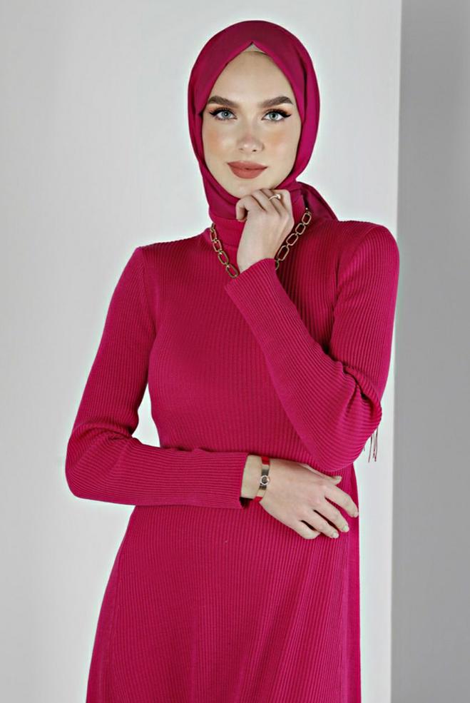 Tesettür giyim FUŞYA FİTİLLİ BASIC TRİKO ELBİSE 43202 - ALVİNA