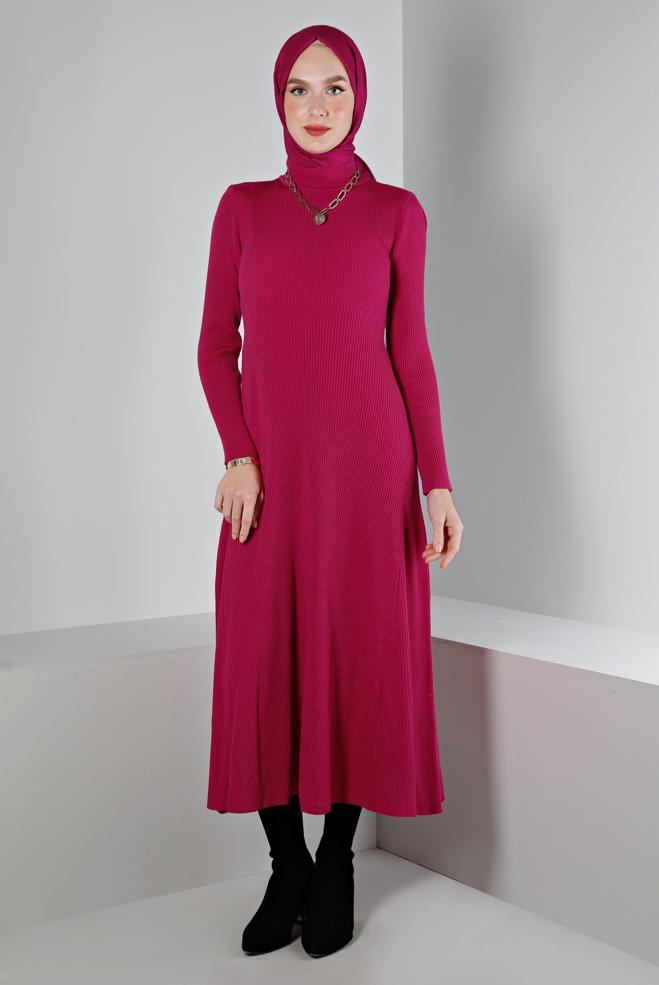 Tesettür giyim FUŞYA FİTİLLİ BASIC TRİKO ELBİSE 43202 - ALVİNA