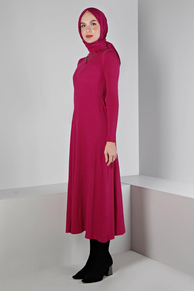 Tesettür giyim FUŞYA FİTİLLİ BASIC TRİKO ELBİSE 43202 - ALVİNA