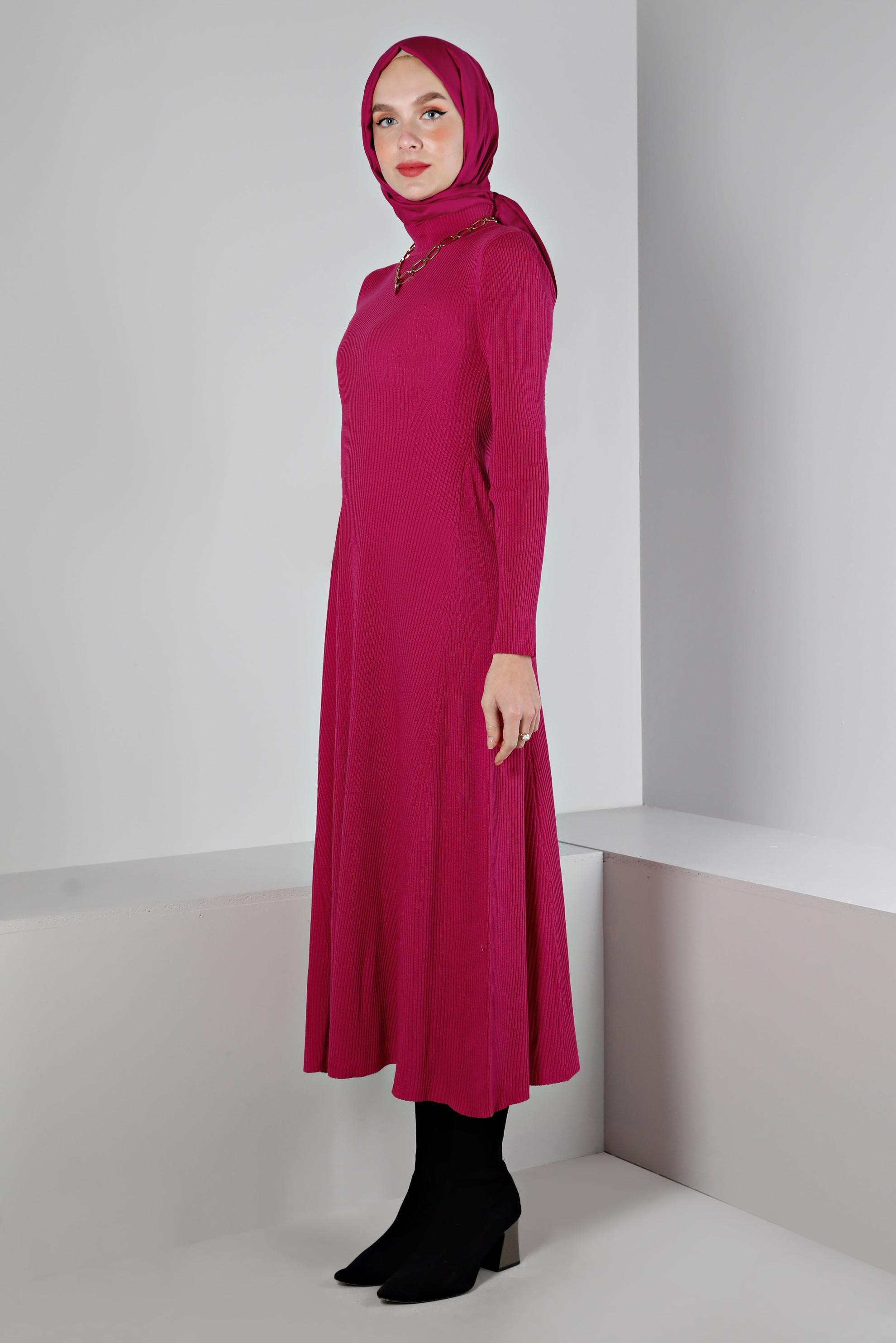Tesettür giyim FUŞYA FİTİLLİ BASIC TRİKO ELBİSE 43202