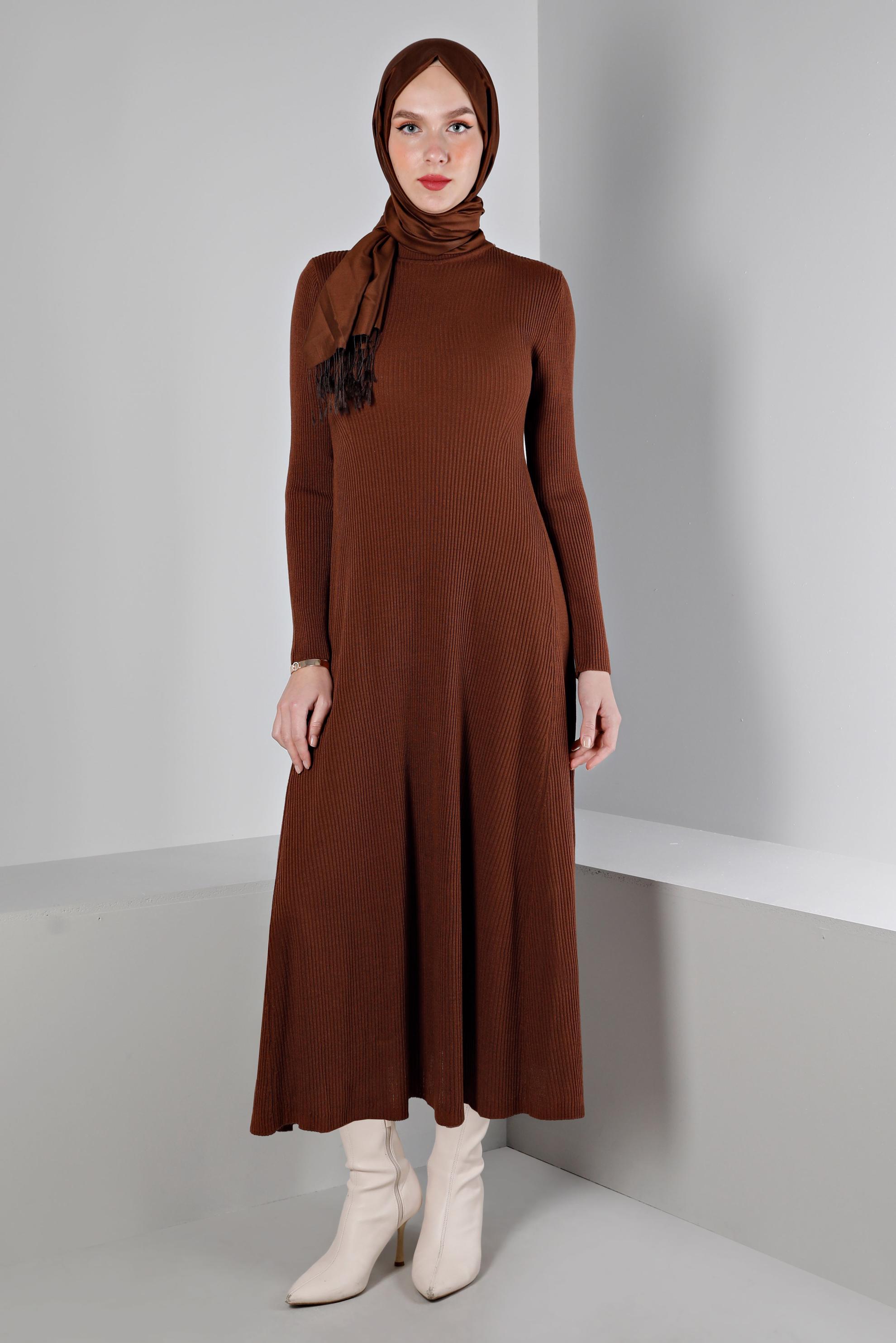 Tesettür giyim KAHVE FİTİLLİ BASIC TRİKO ELBİSE 43202