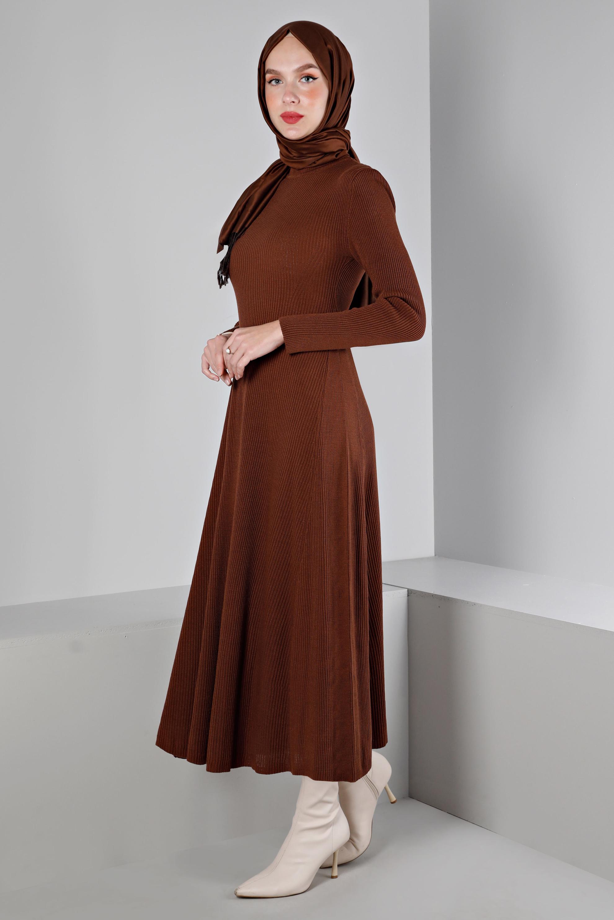 Tesettür giyim KAHVE FİTİLLİ BASIC TRİKO ELBİSE 43202