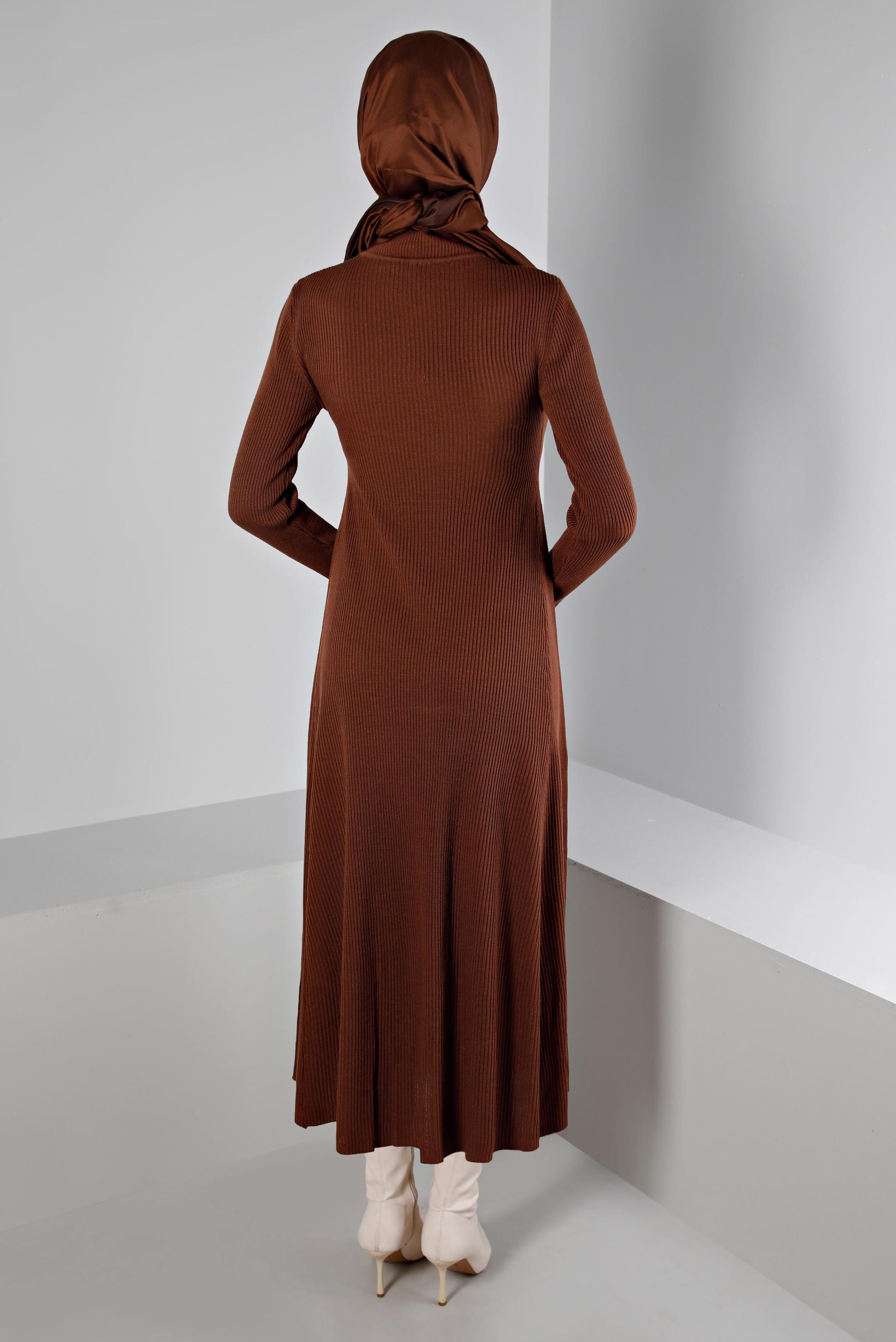 Tesettür giyim KAHVE FİTİLLİ BASIC TRİKO ELBİSE 43202