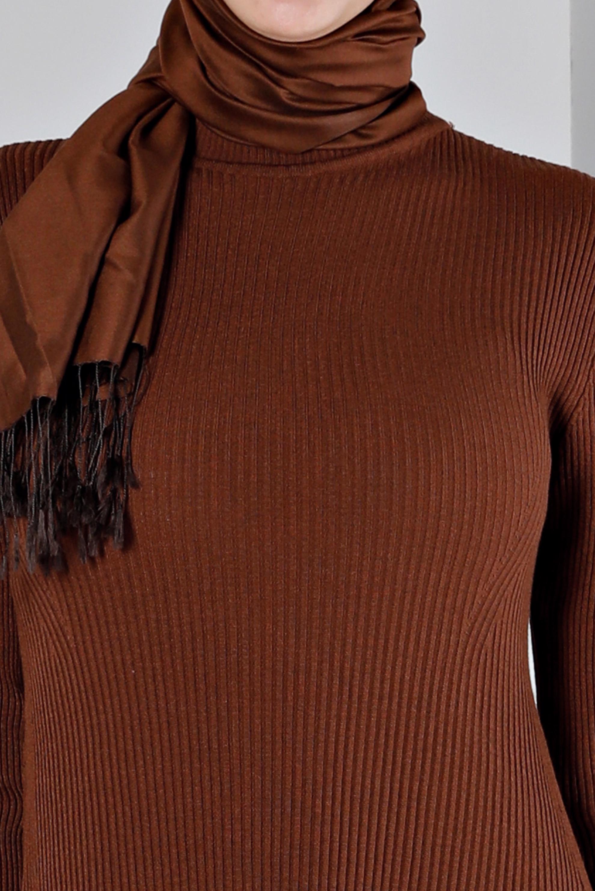 Tesettür giyim KAHVE FİTİLLİ BASIC TRİKO ELBİSE 43202