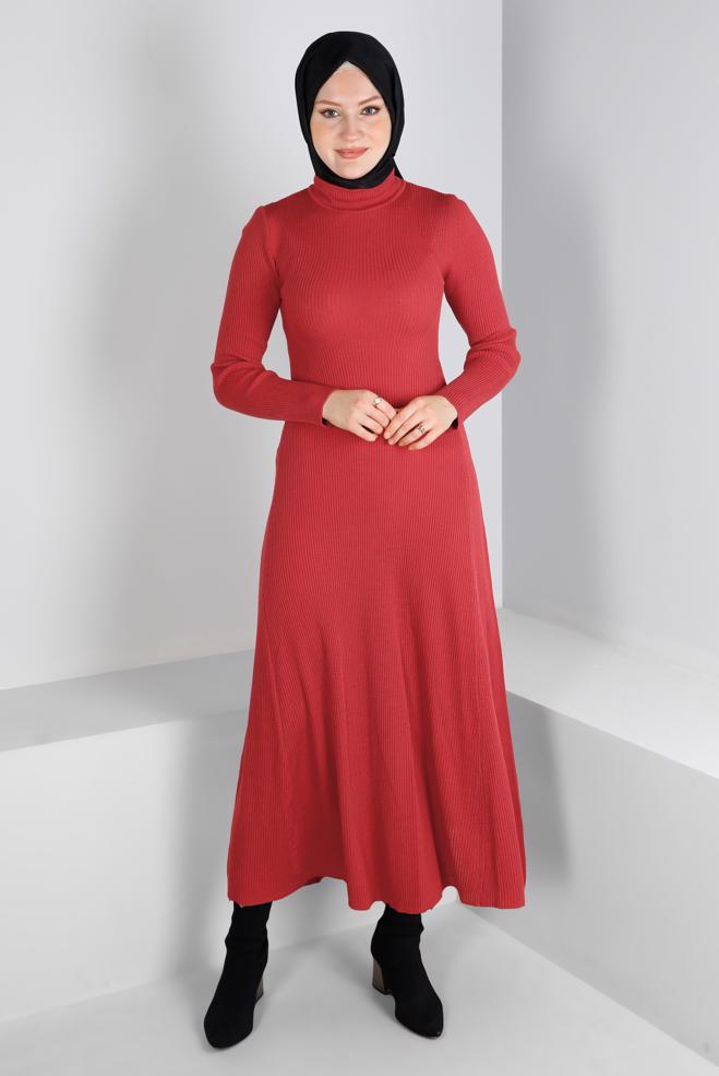 Tesettür giyim MERCAN FİTİLLİ BASIC TRİKO ELBİSE 43202 - ALVİNA