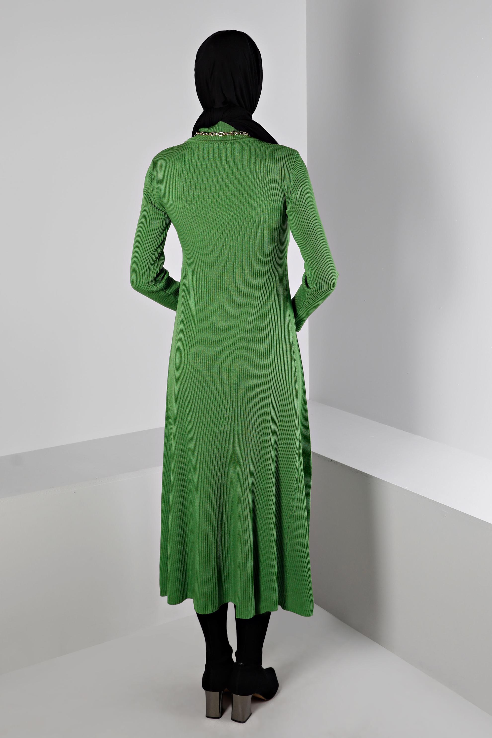 Tesettür giyim YEŞİL FİTİLLİ BASIC TRİKO ELBİSE 43202