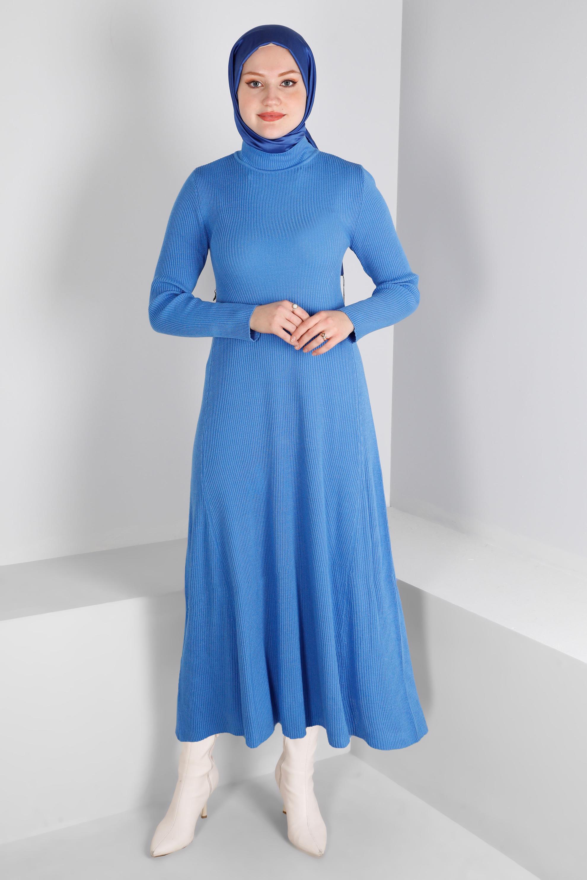 Tesettür giyim MAVİ FİTİLLİ BASIC TRİKO ELBİSE 43202