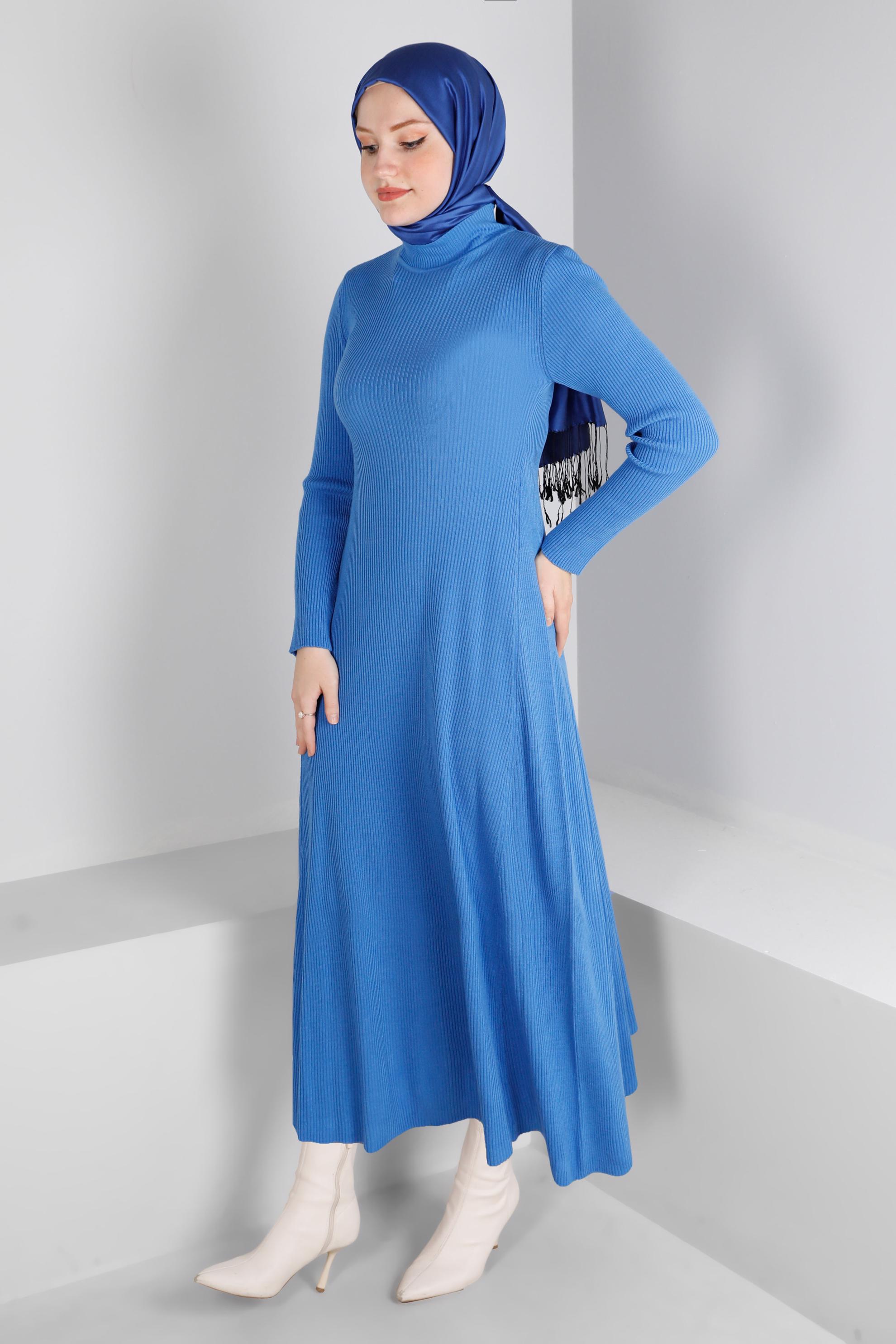 Tesettür giyim MAVİ FİTİLLİ BASIC TRİKO ELBİSE 43202