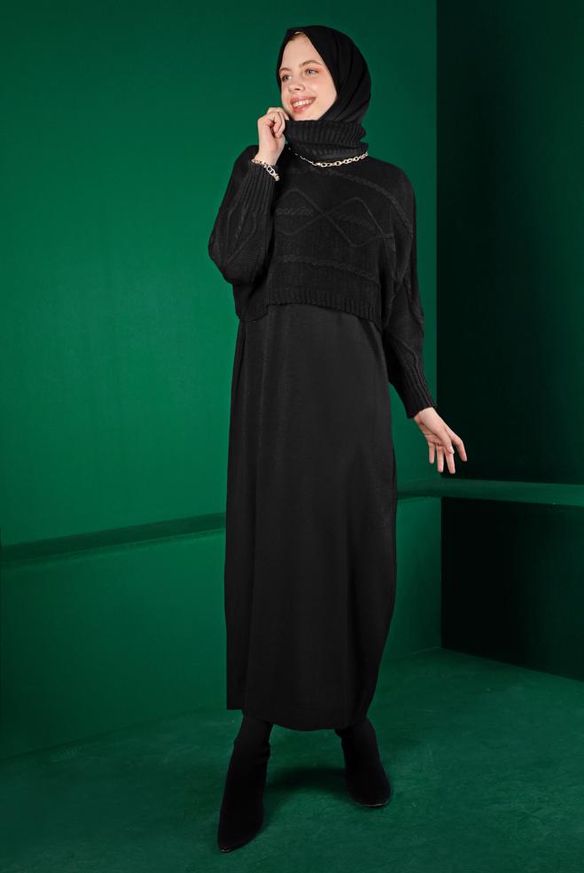 Hijab clothing BLACK TURTLENECK PATTERNED KNITWEAR 2-PIECE DRESS 43204 - ALVİNA