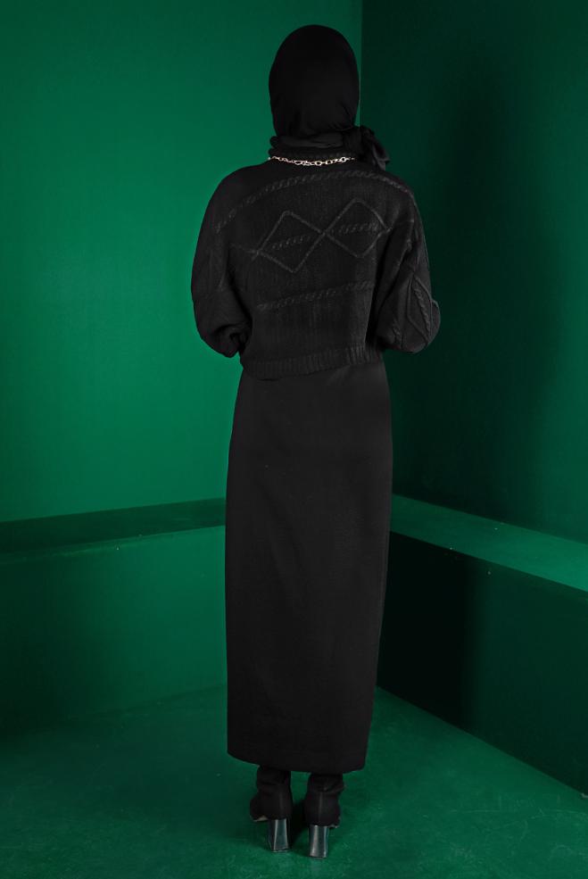 Hijab clothing BLACK TURTLENECK PATTERNED KNITWEAR 2-PIECE DRESS 43204 - ALVİNA
