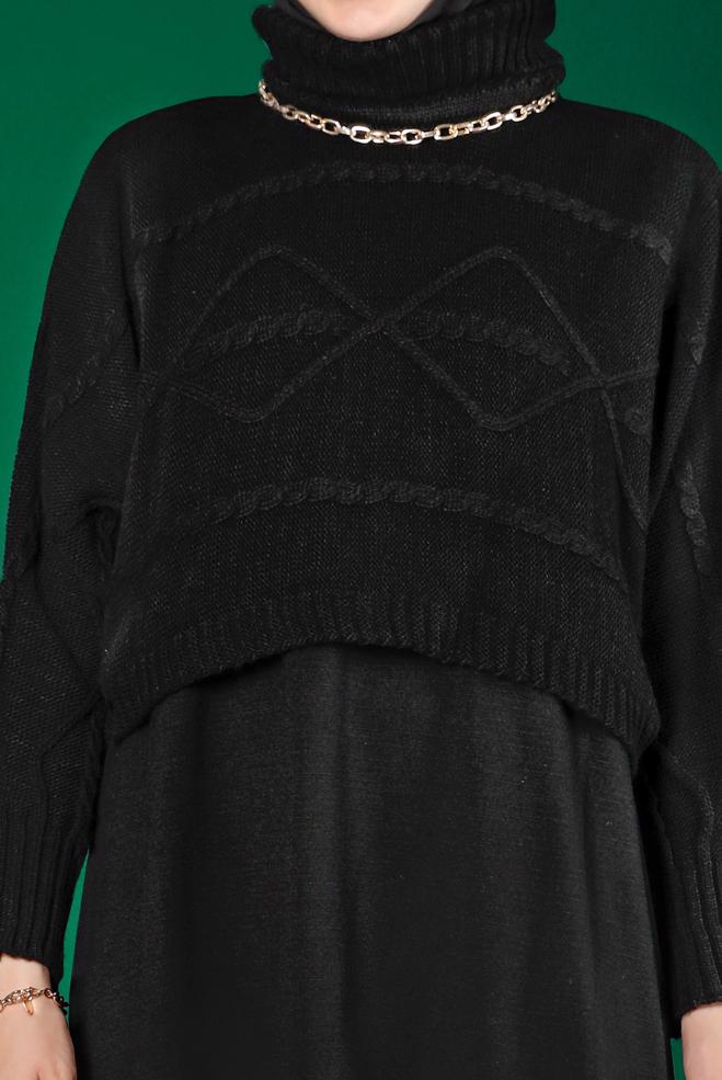 Hijab clothing BLACK TURTLENECK PATTERNED KNITWEAR 2-PIECE DRESS 43204 - ALVİNA
