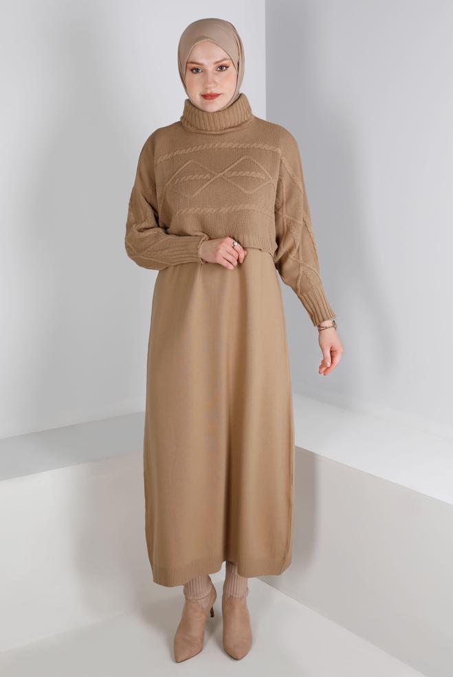 Hijab clothing BROWN TURTLENECK PATTERNED KNITWEAR 2-PIECE DRESS 43204 - ALVİNA