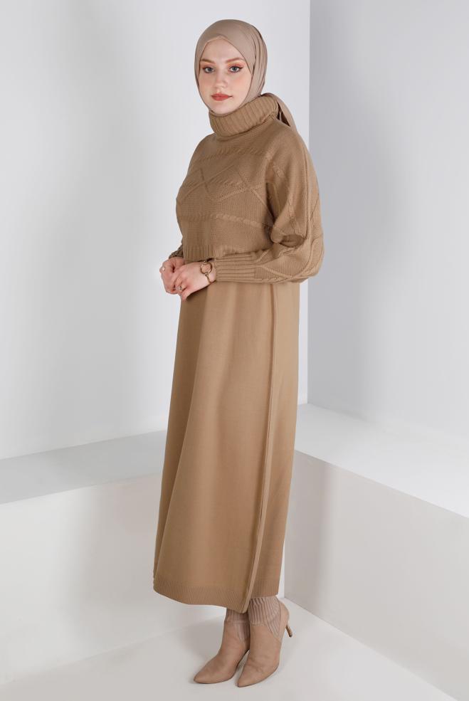 Hijab clothing BROWN TURTLENECK PATTERNED KNITWEAR 2-PIECE DRESS 43204 - ALVİNA