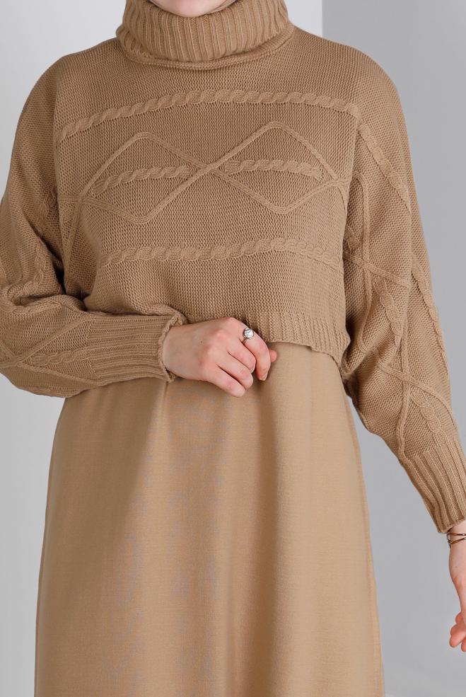 Hijab clothing BROWN TURTLENECK PATTERNED KNITWEAR 2-PIECE DRESS 43204 - ALVİNA