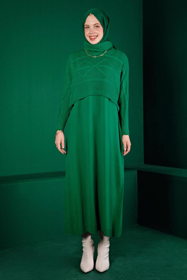 Hijab clothing GREEN TURTLENECK PATTERNED KNITWEAR 2-PIECE DRESS 43204 - ALVİNA