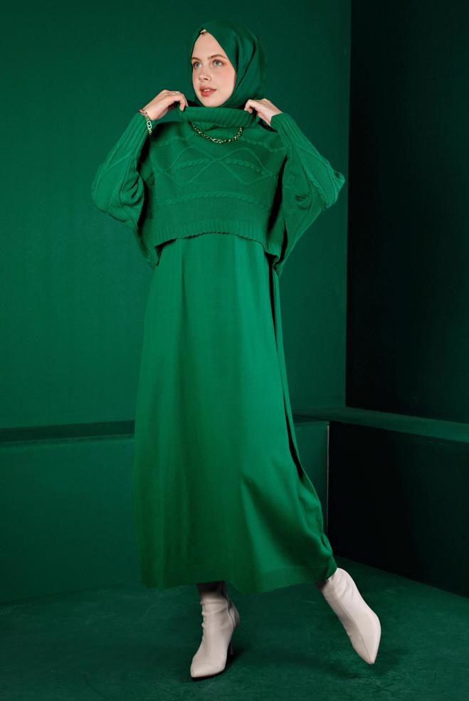 Hijab clothing GREEN TURTLENECK PATTERNED KNITWEAR 2-PIECE DRESS 43204 - ALVİNA