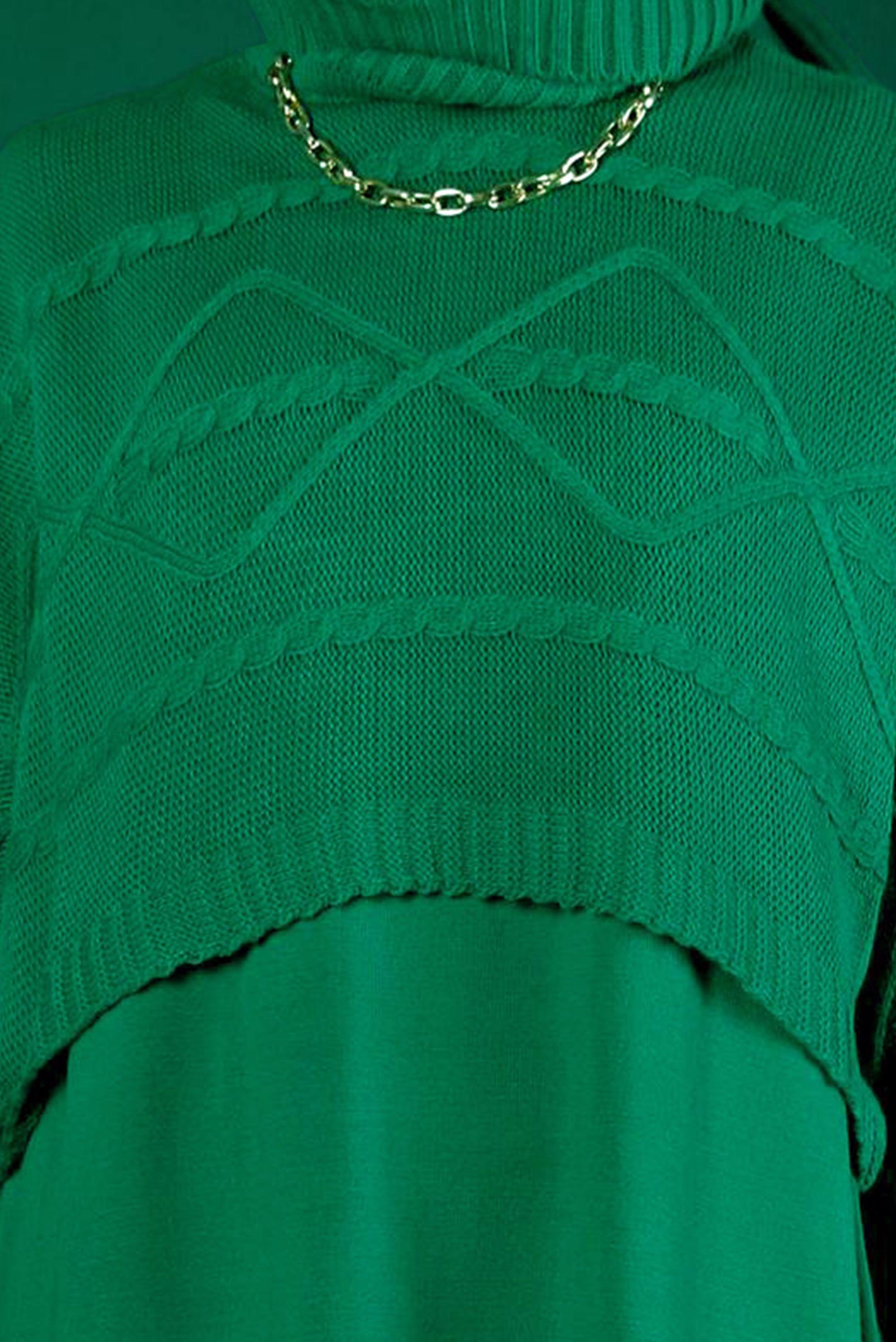 Tesettür giyim YEŞİL BALIKÇI YAKA KENDİNDEN DESENLİ TRİKO İKİLİ ELBİSE 43204