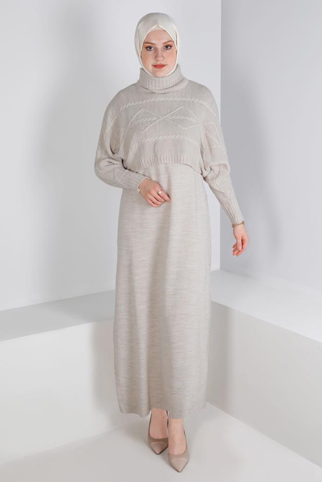 Hijab clothing BEIGE TURTLENECK PATTERNED KNITWEAR 2-PIECE DRESS 43204 - ALVİNA