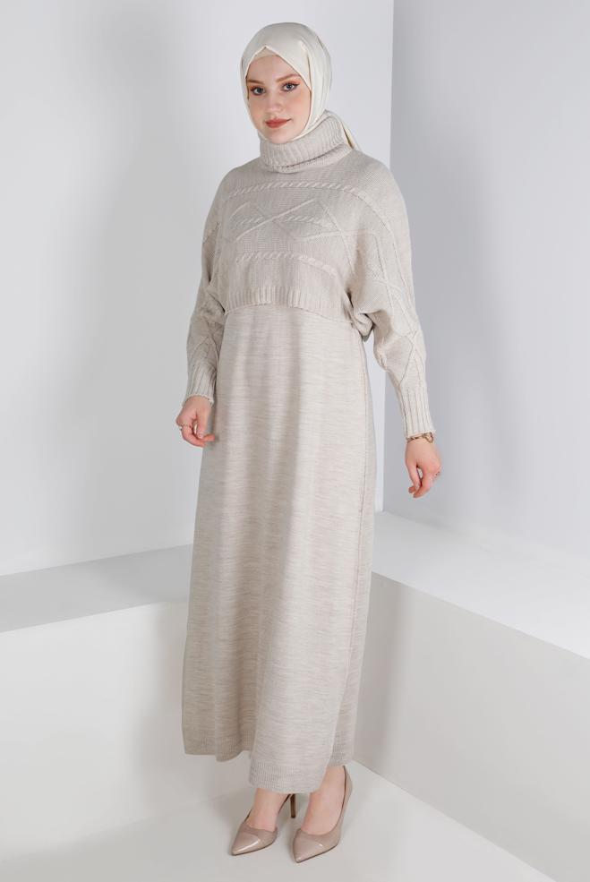 Hijab clothing BEIGE TURTLENECK PATTERNED KNITWEAR 2-PIECE DRESS 43204 - ALVİNA