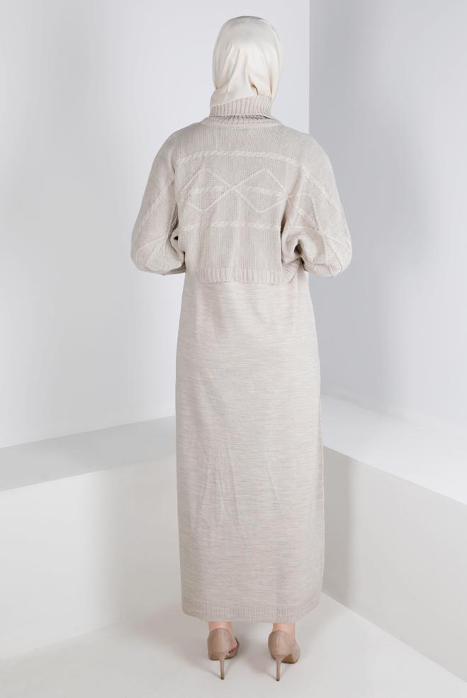 Hijab clothing BEIGE TURTLENECK PATTERNED KNITWEAR 2-PIECE DRESS 43204 - ALVİNA