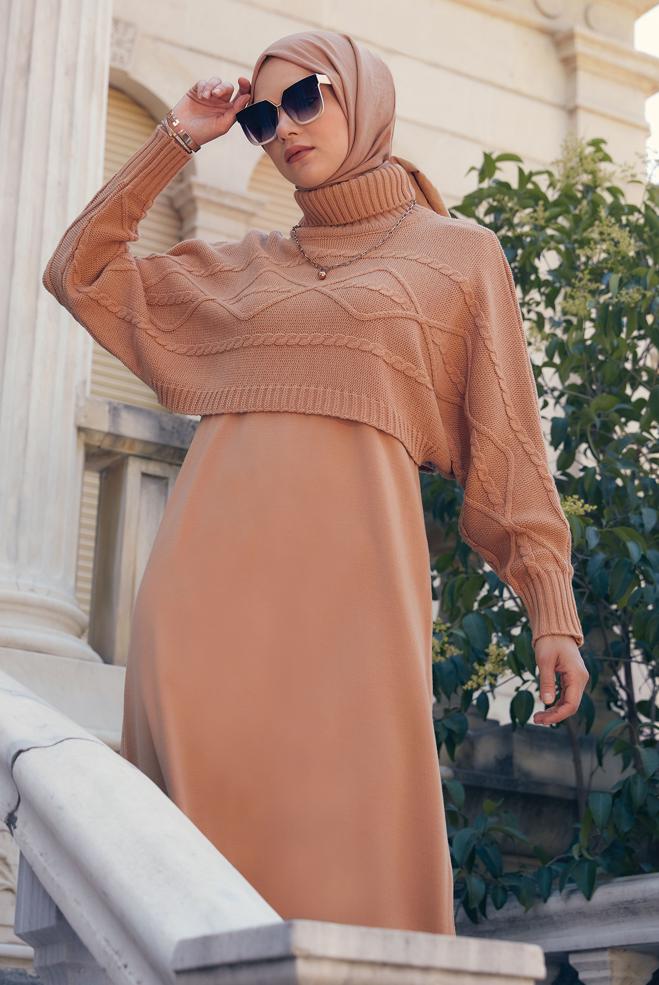 Hijab clothing POWDER TURTLENECK PATTERNED KNITWEAR 2-PIECE DRESS 43204 - ALVİNA